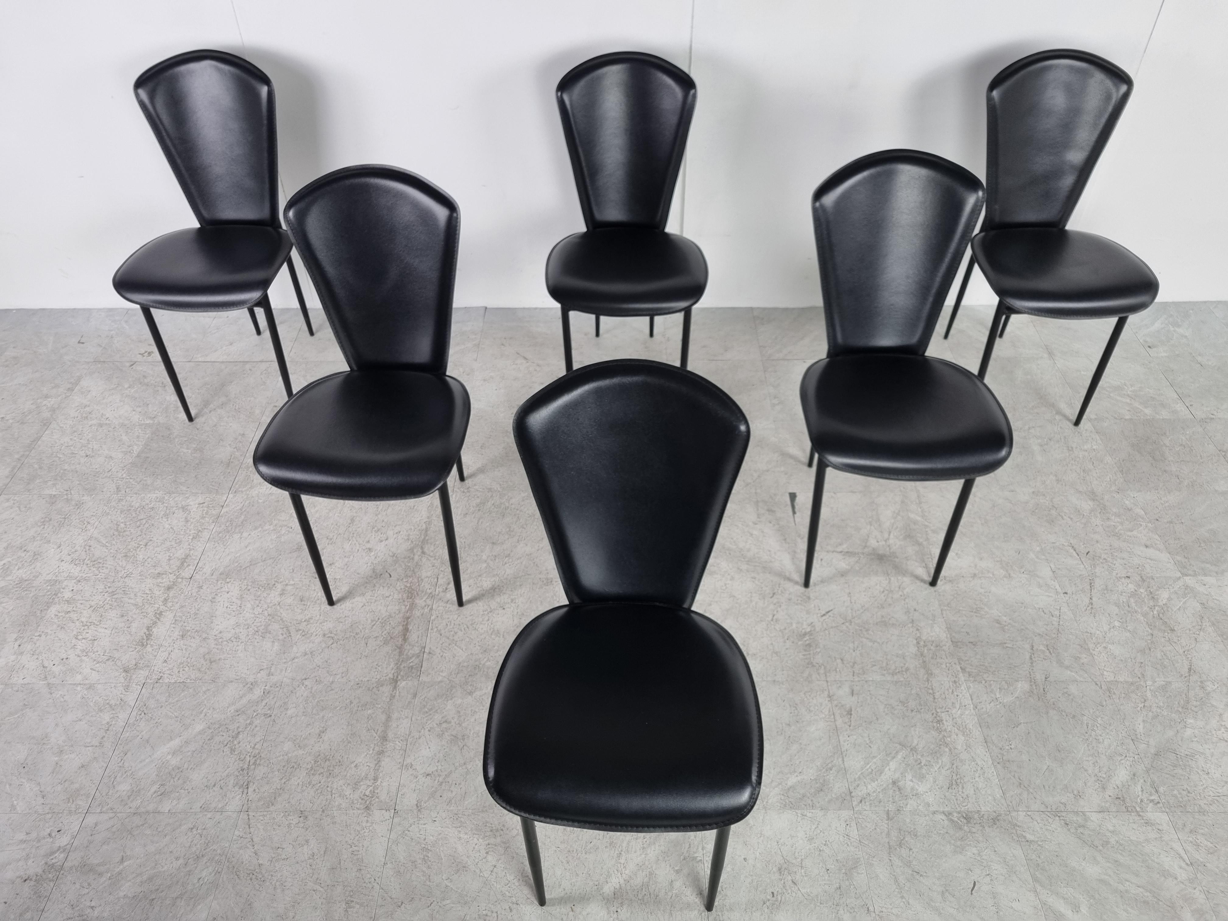 Late 20th Century Vintage Black Leather Dining Chairs, Set of 6, 1980s