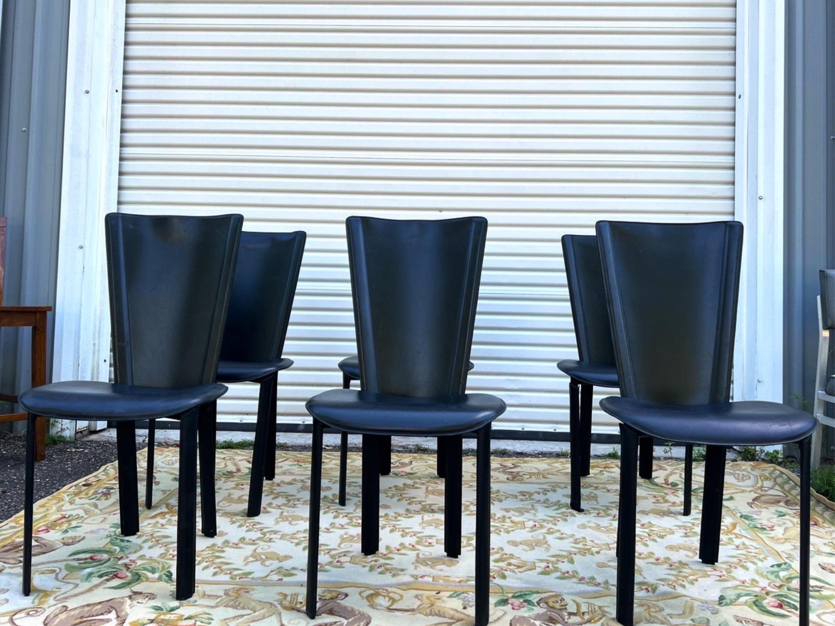 Vintage Black Leather Dining Chairs, Set of 6, 1980s In Good Condition In Charleston, SC