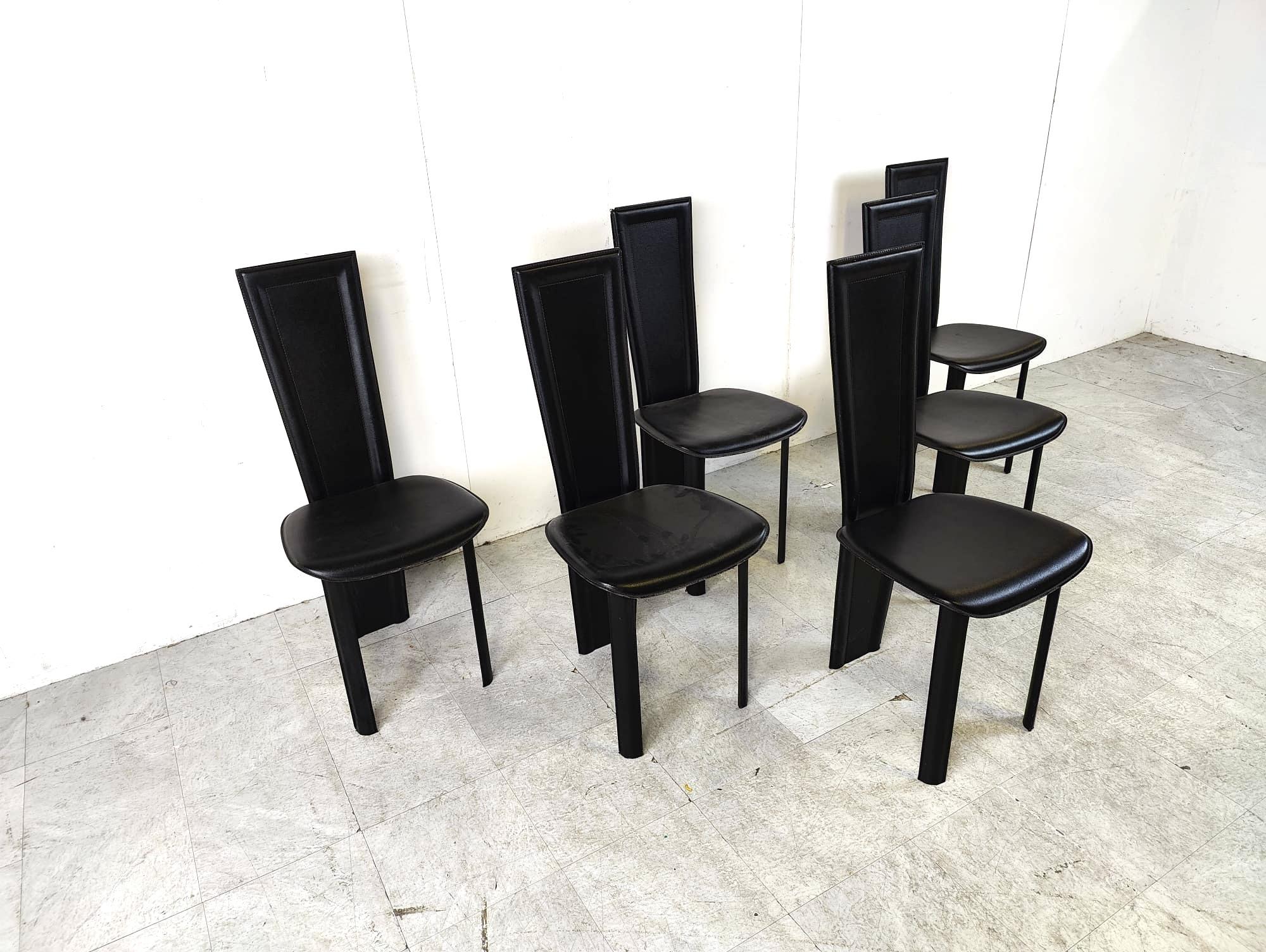 Schwarze Vintage-Esszimmerstühle aus Leder, 6er-Set, 1980er-Jahre (Ende des 20. Jahrhunderts) im Angebot