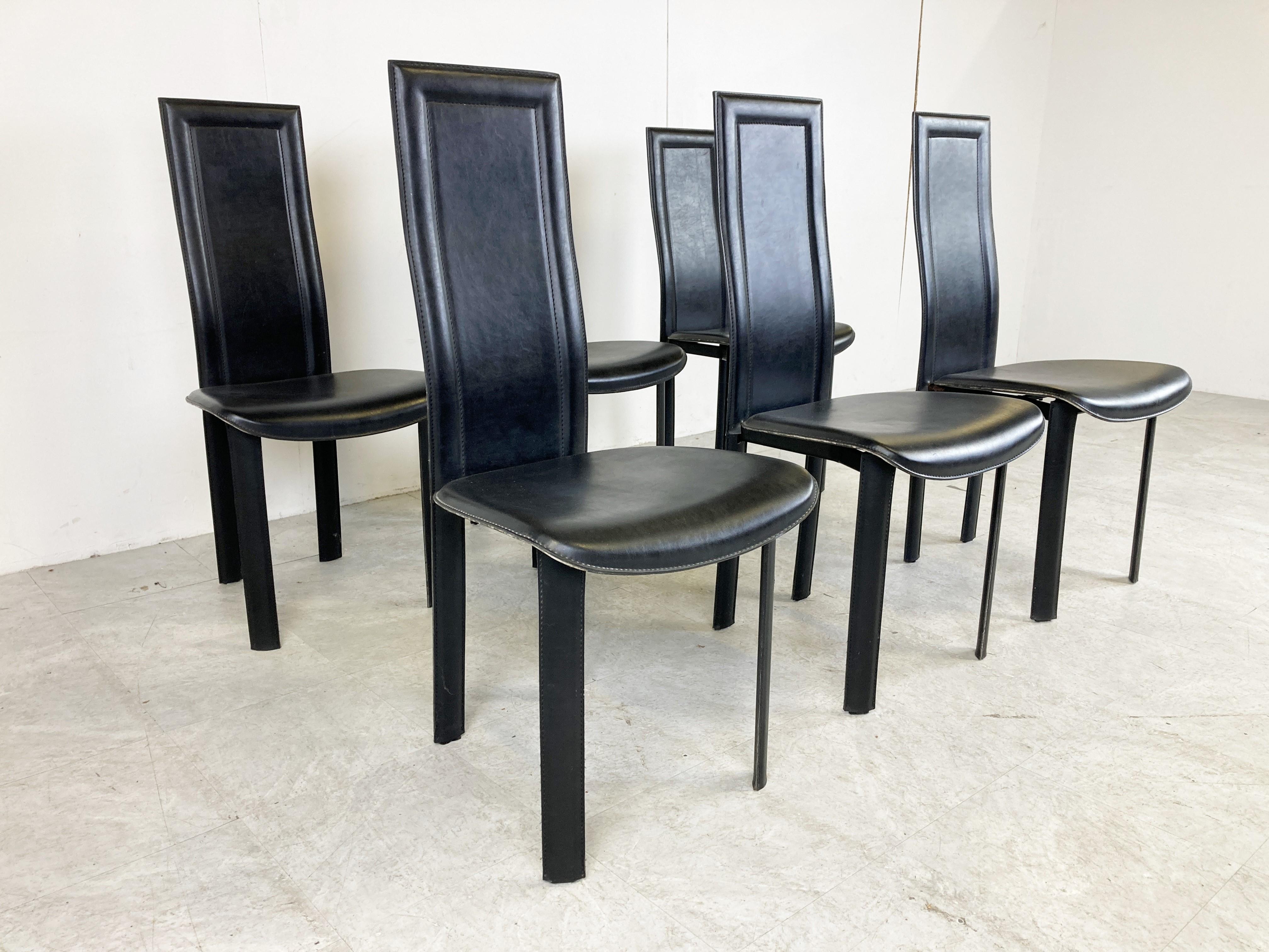 Vintage black leather dining chairs, set of 6, 1980s at 1stDibs