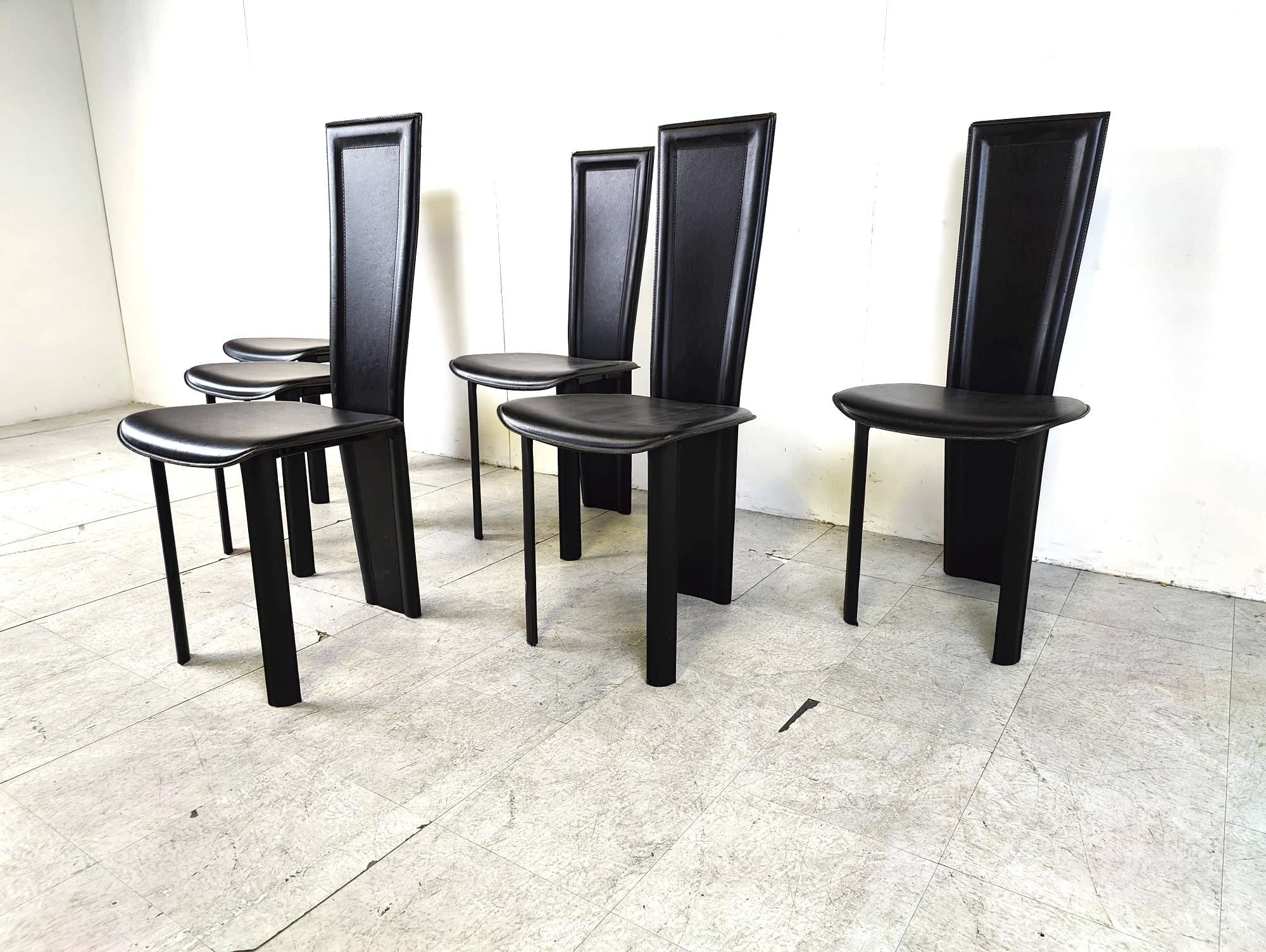 Leather Vintage black leather dining chairs, set of 6, 1980s For Sale