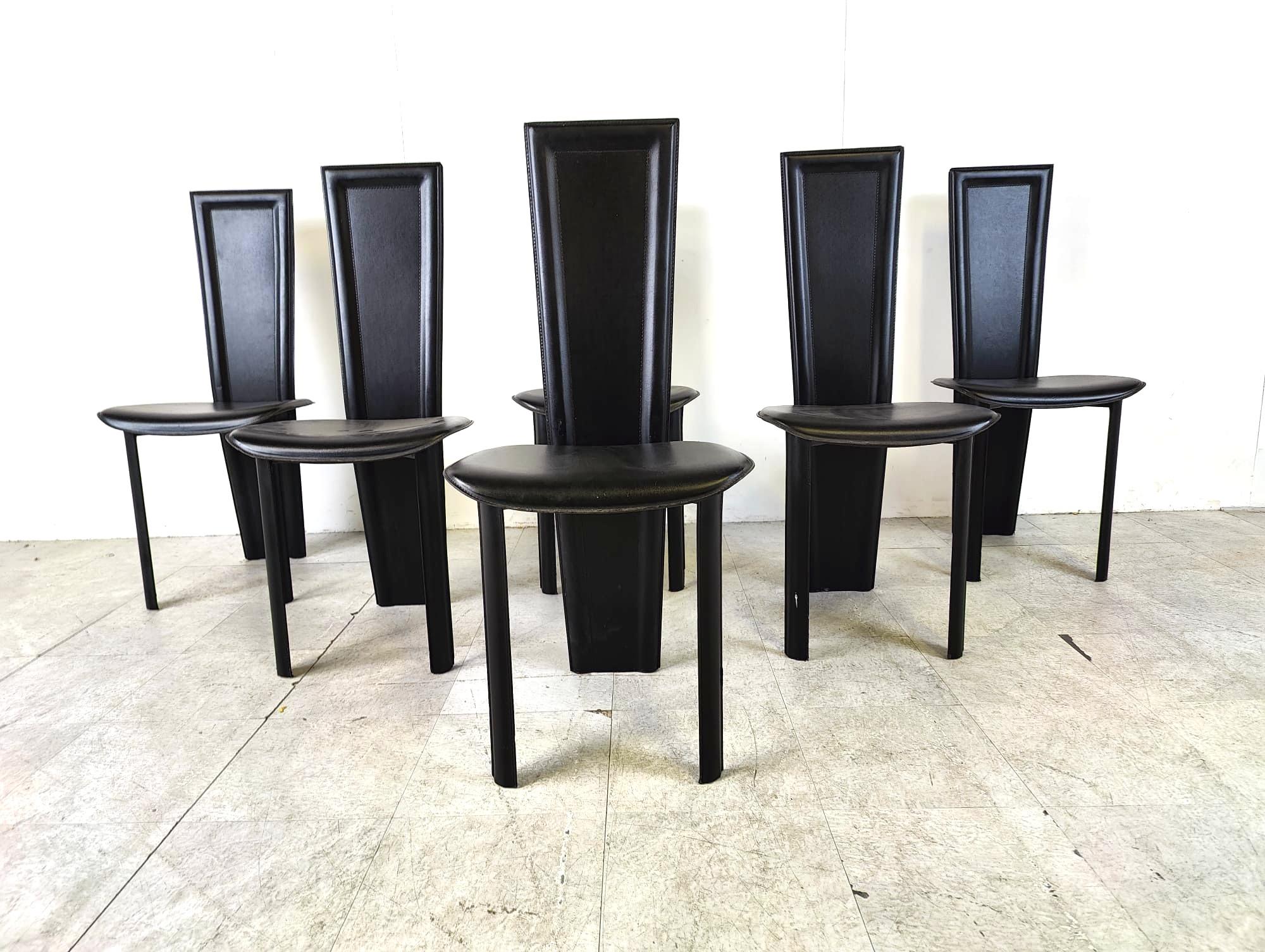 Vintage black leather dining chairs, set of 6, 1980s For Sale 1