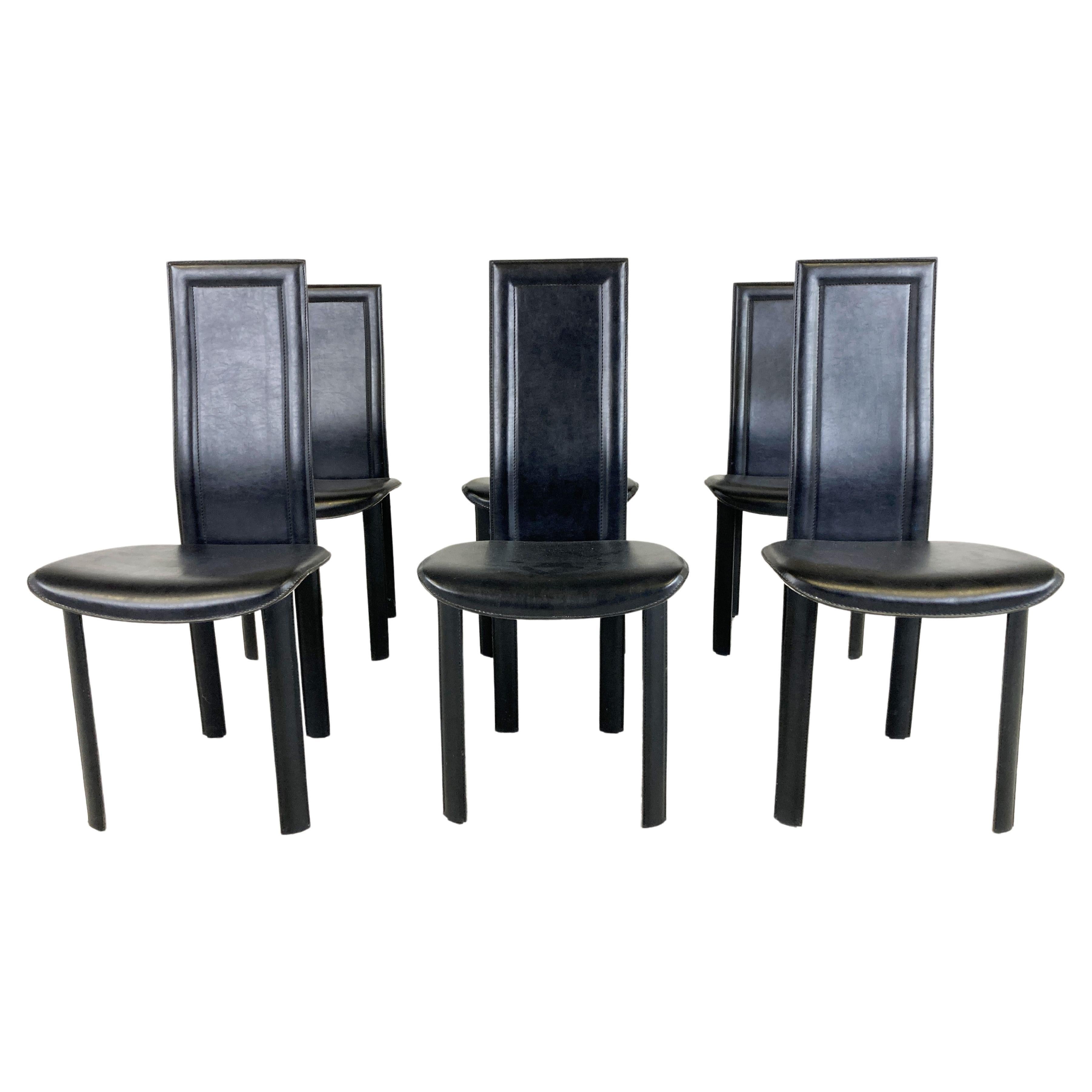 Vintage black leather dining chairs, set of 6, 1980s at 1stDibs