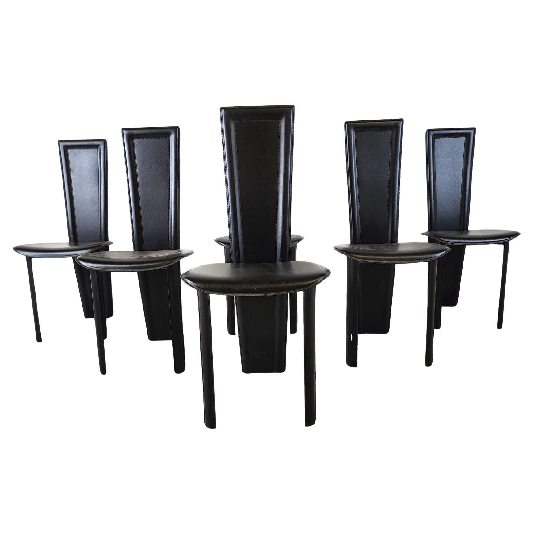 Vintage black leather dining chairs, set of 6, 1980s For Sale