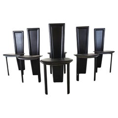 Vintage black leather dining chairs, set of 6, 1980s