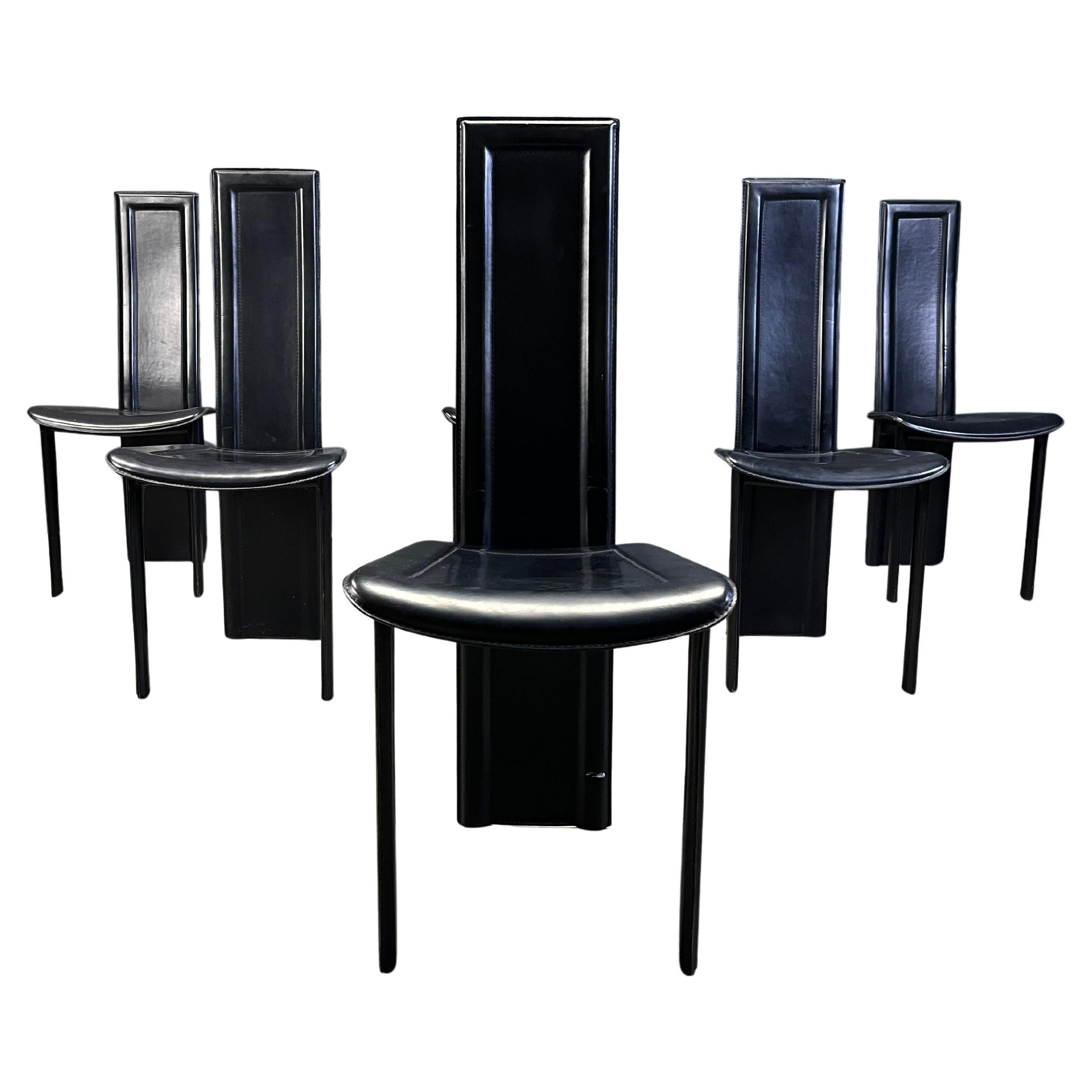 Vintage black leather dining chairs, set of 6, 1980s For Sale
