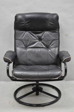 Vintage Black Leather Ekornes Stressless Style Swivel Recliner Lounge Chair