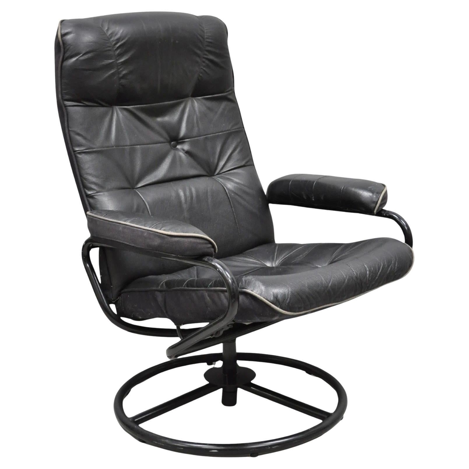 Vintage Black Leather Ekornes Stressless Style Swivel Recliner Lounge Chair For Sale