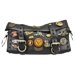 Vintage Black Leather Front Fork Saddle Tool Bag with Harley Davison Biker Pins