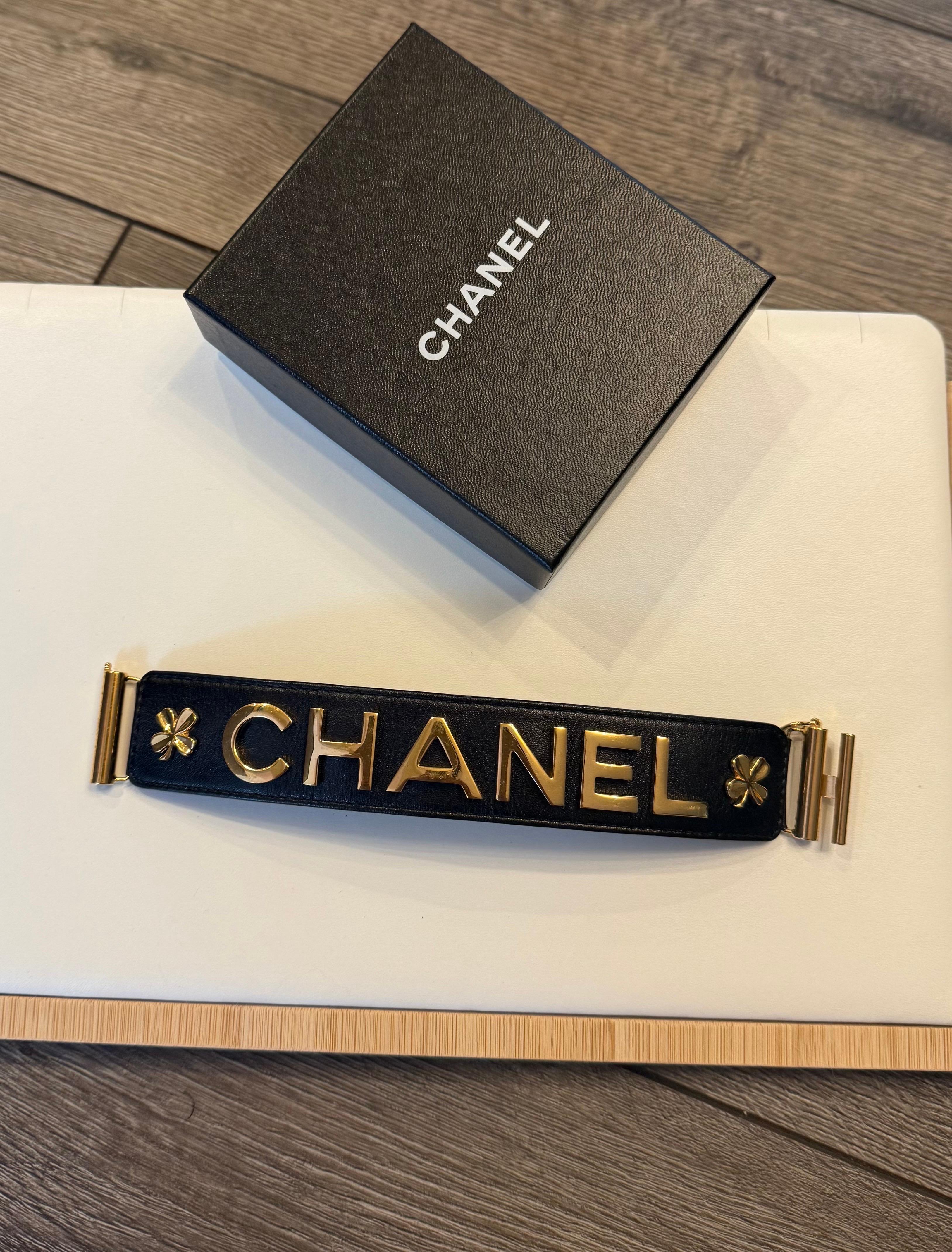 DETAILS:
Statement Chanel leather wrap bracelet featuring bold Chanel lettering
Hallmark: CHANEL
1998 Collection
Made in France
The bracelet is in good condition showing minimal wear
Comes with box

IMPORTANT INFORMATION:
This item is a pre-owned