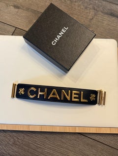 Vintage Black Leather Gold “CHANEL” Clover Bracelet, 1998