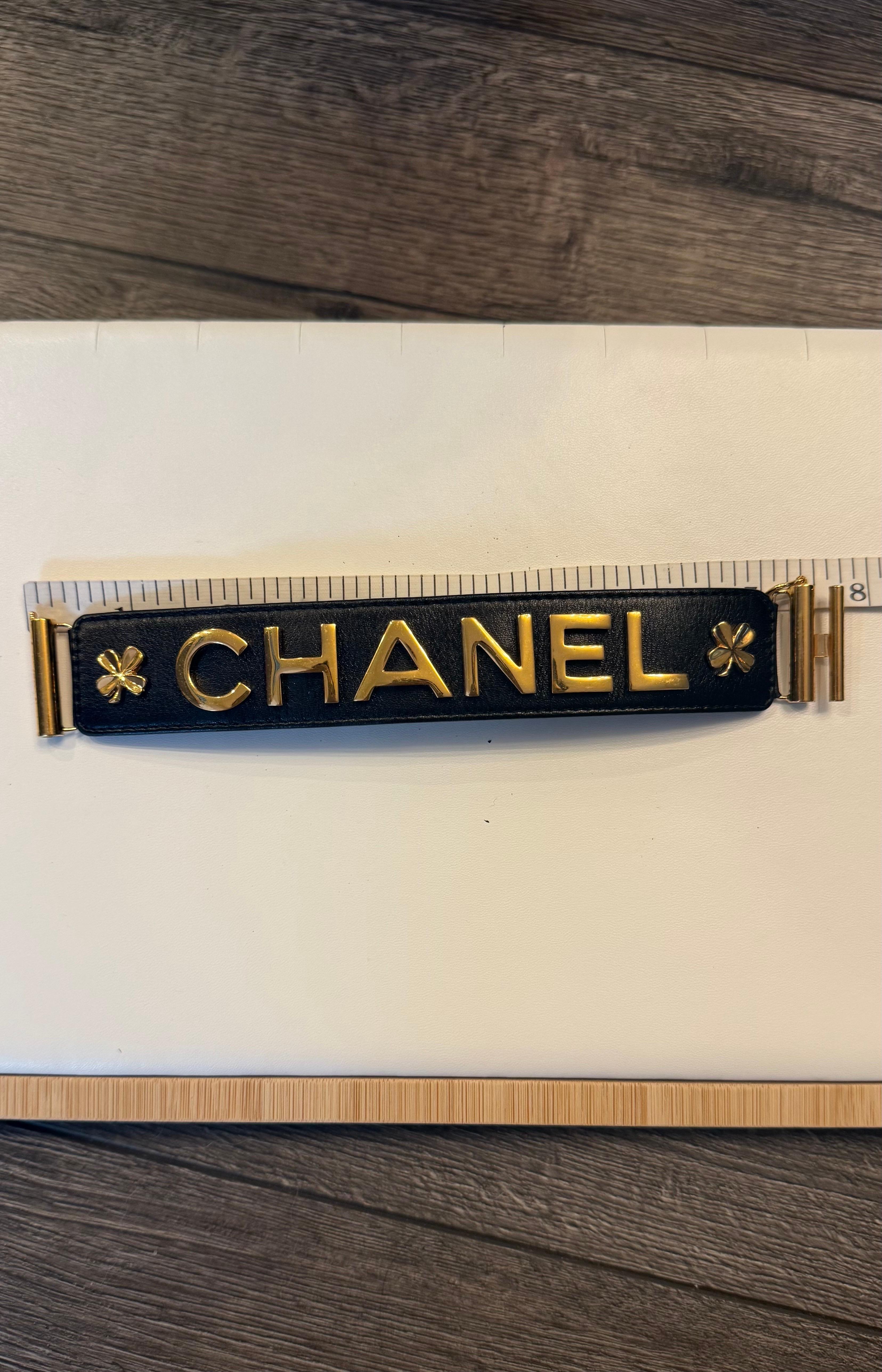 Vintage Black Leather Gold “CHANEL” Clover Bracelet, 1998 In Good Condition For Sale In Bellevue, WA