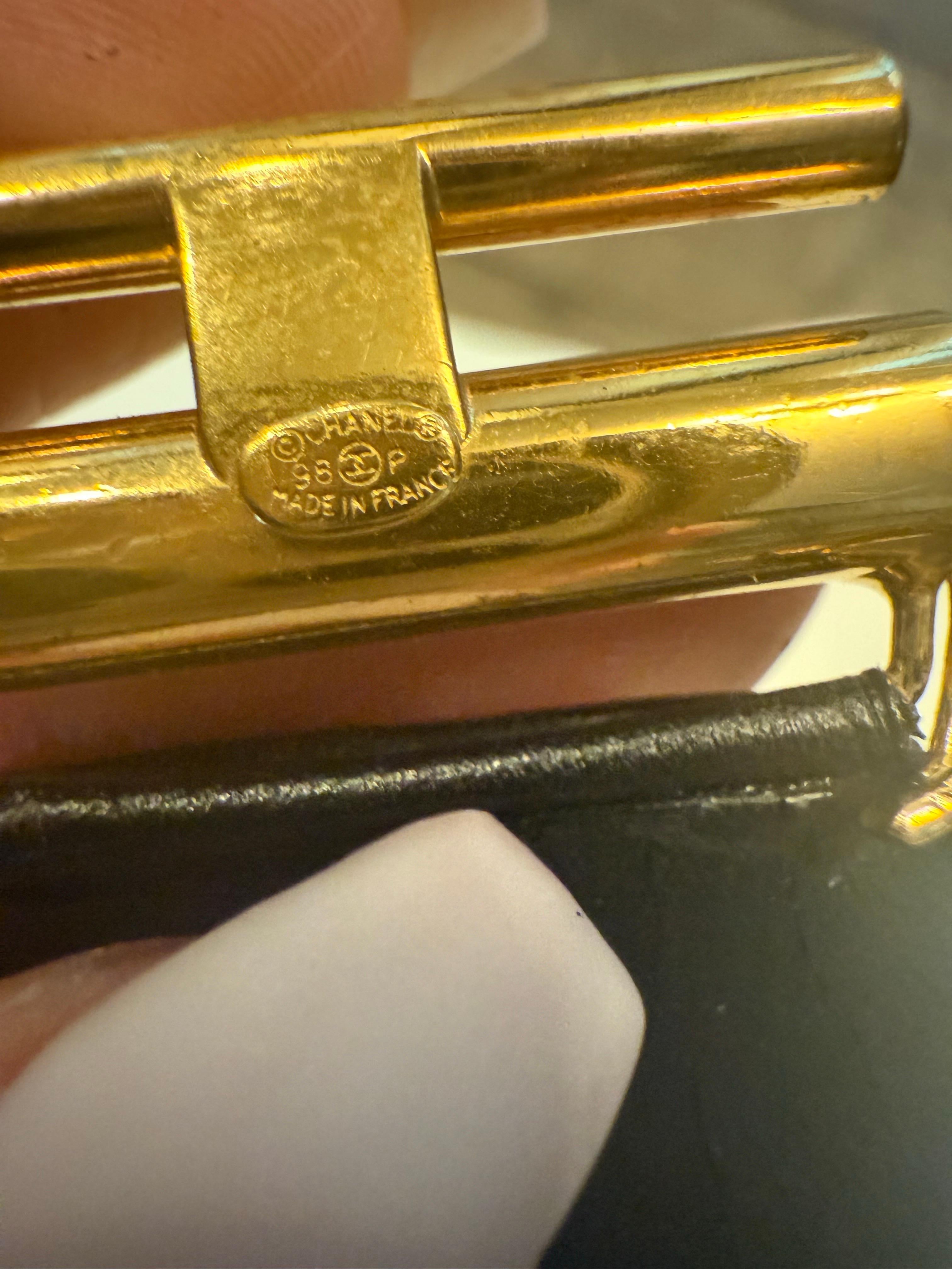 Women's or Men's Vintage Black Leather Gold “CHANEL” Clover Bracelet, 1998 For Sale