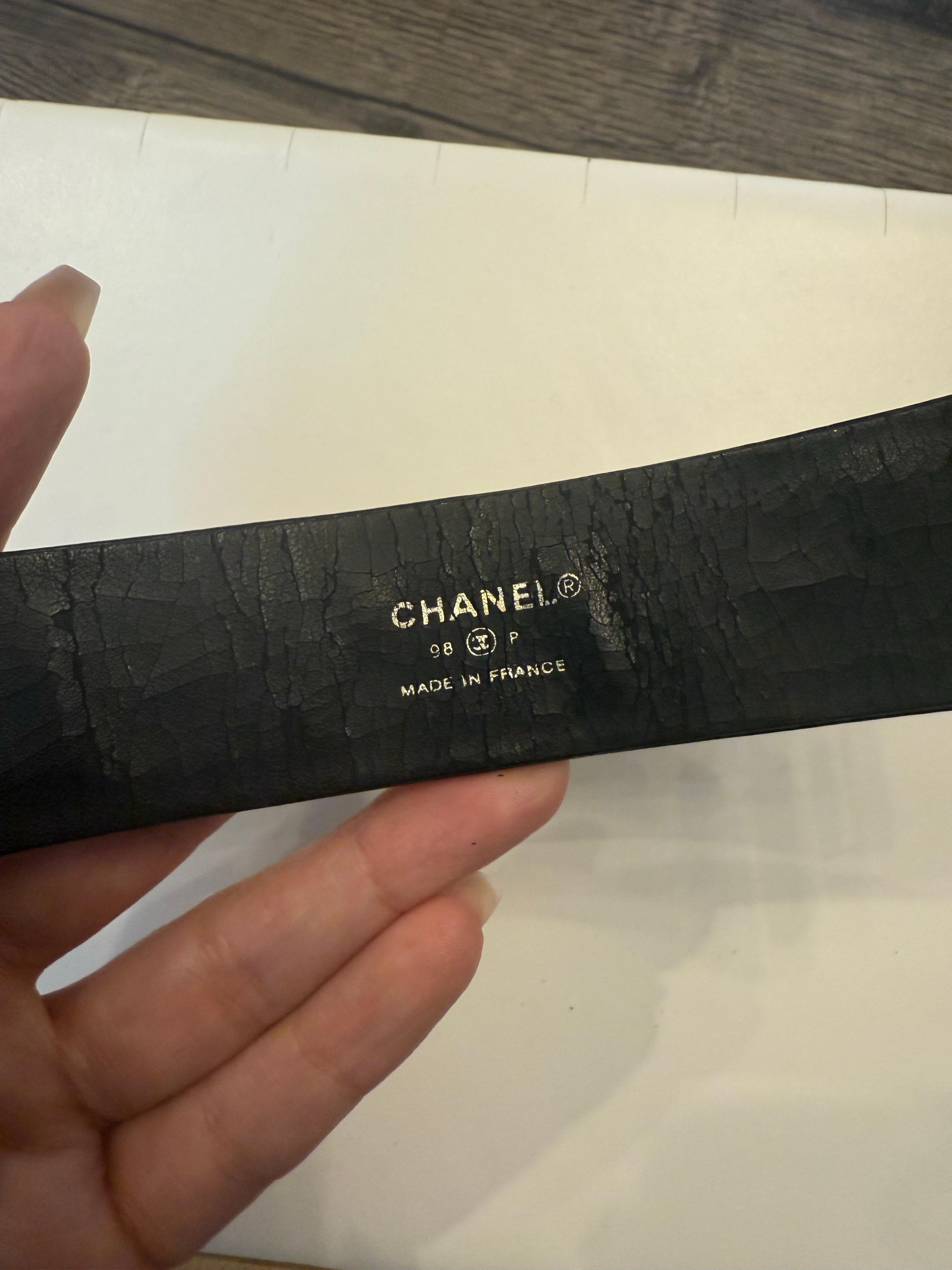 Vintage Black Leather Gold “CHANEL” Clover Bracelet, 1998 For Sale 1
