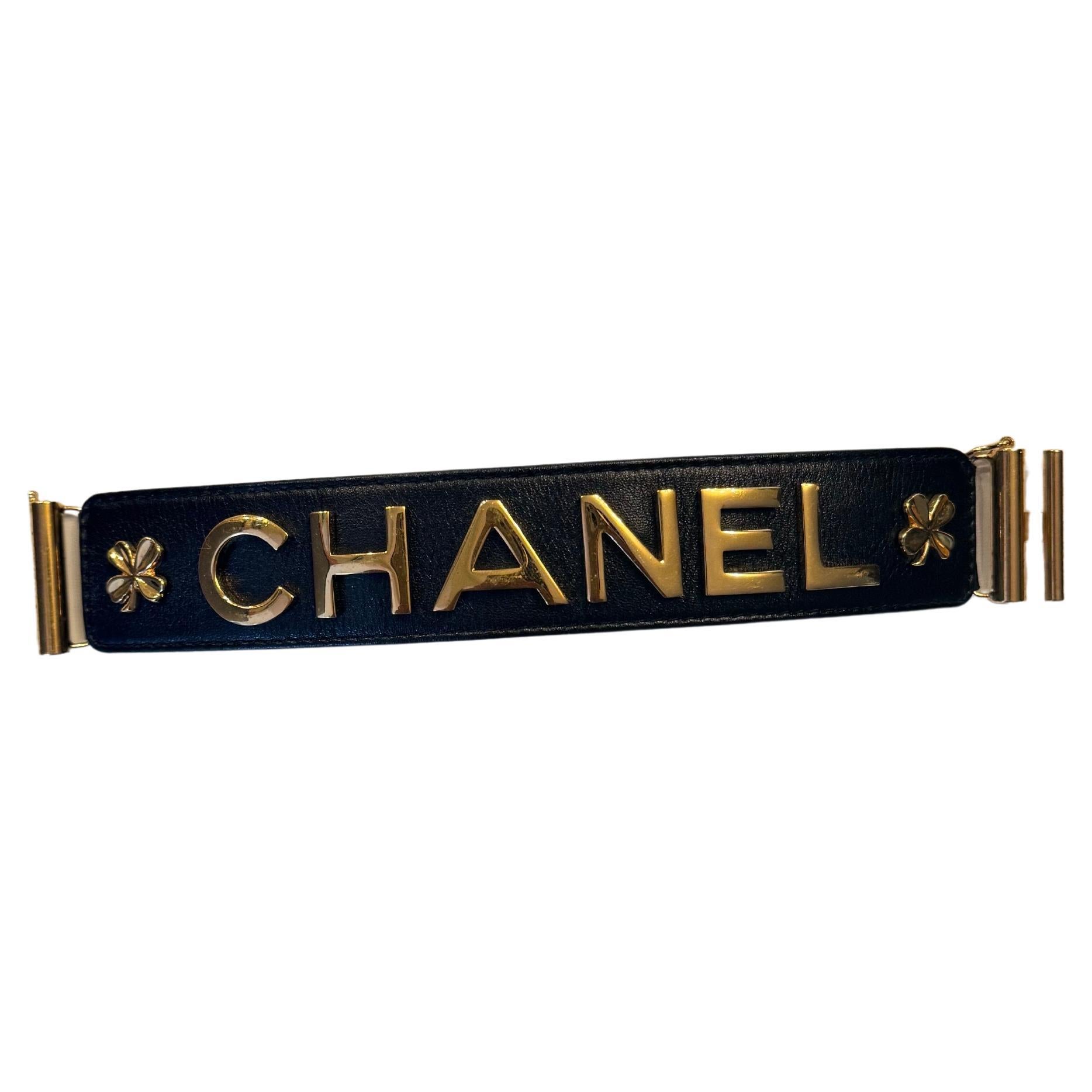 Vintage Black Leather Gold “CHANEL” Clover Bracelet, 1998 For Sale