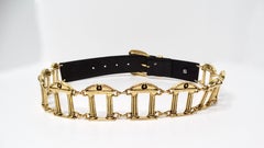 Vintage Black Leather & Gold Tone Roman Column Motif Belt