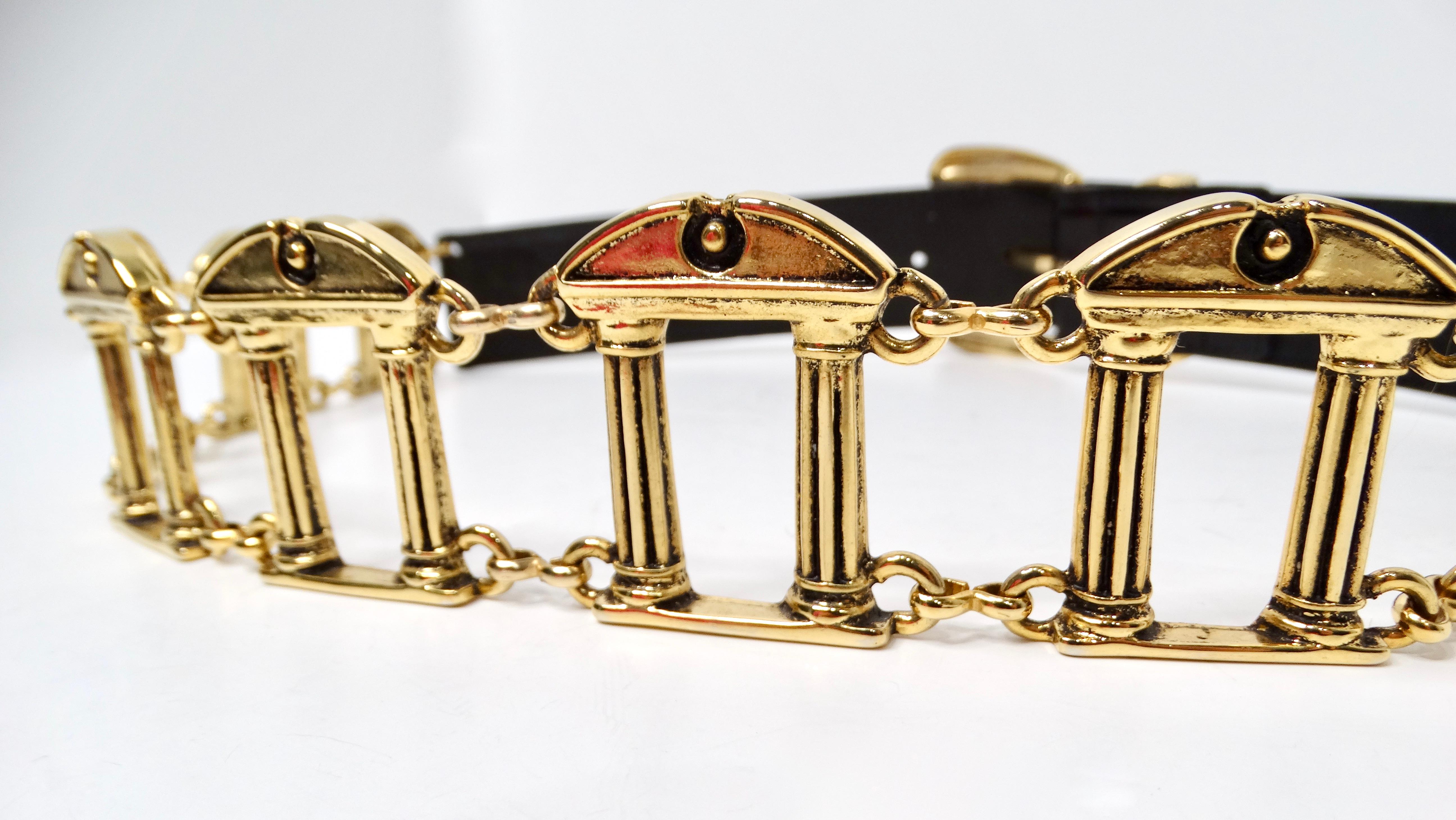 Vintage Black Leather & Gold Tone Roman Column Motif Belt In Good Condition For Sale In Scottsdale, AZ