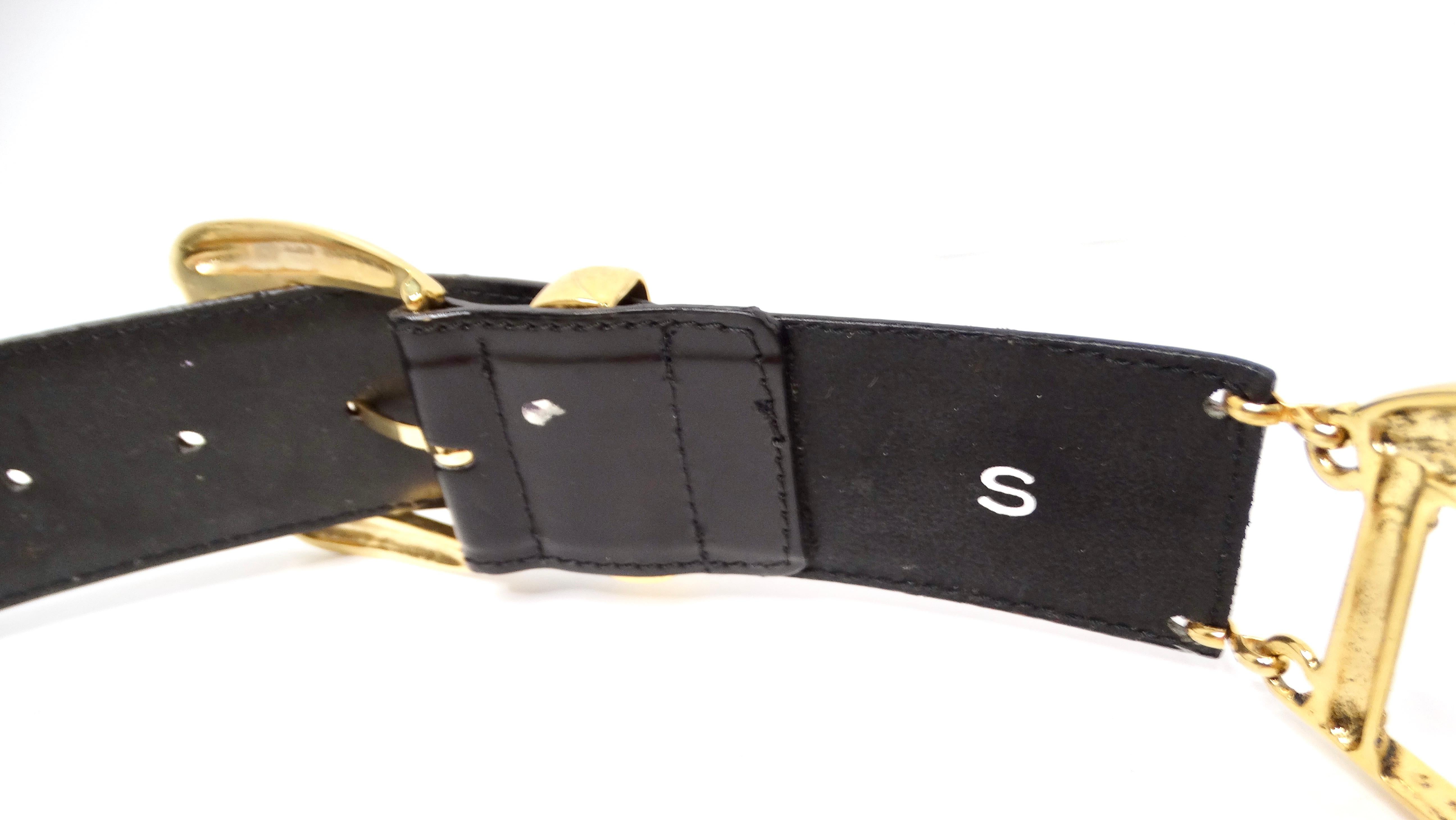 Vintage Black Leather & Gold Tone Roman Column Motif Belt For Sale 1