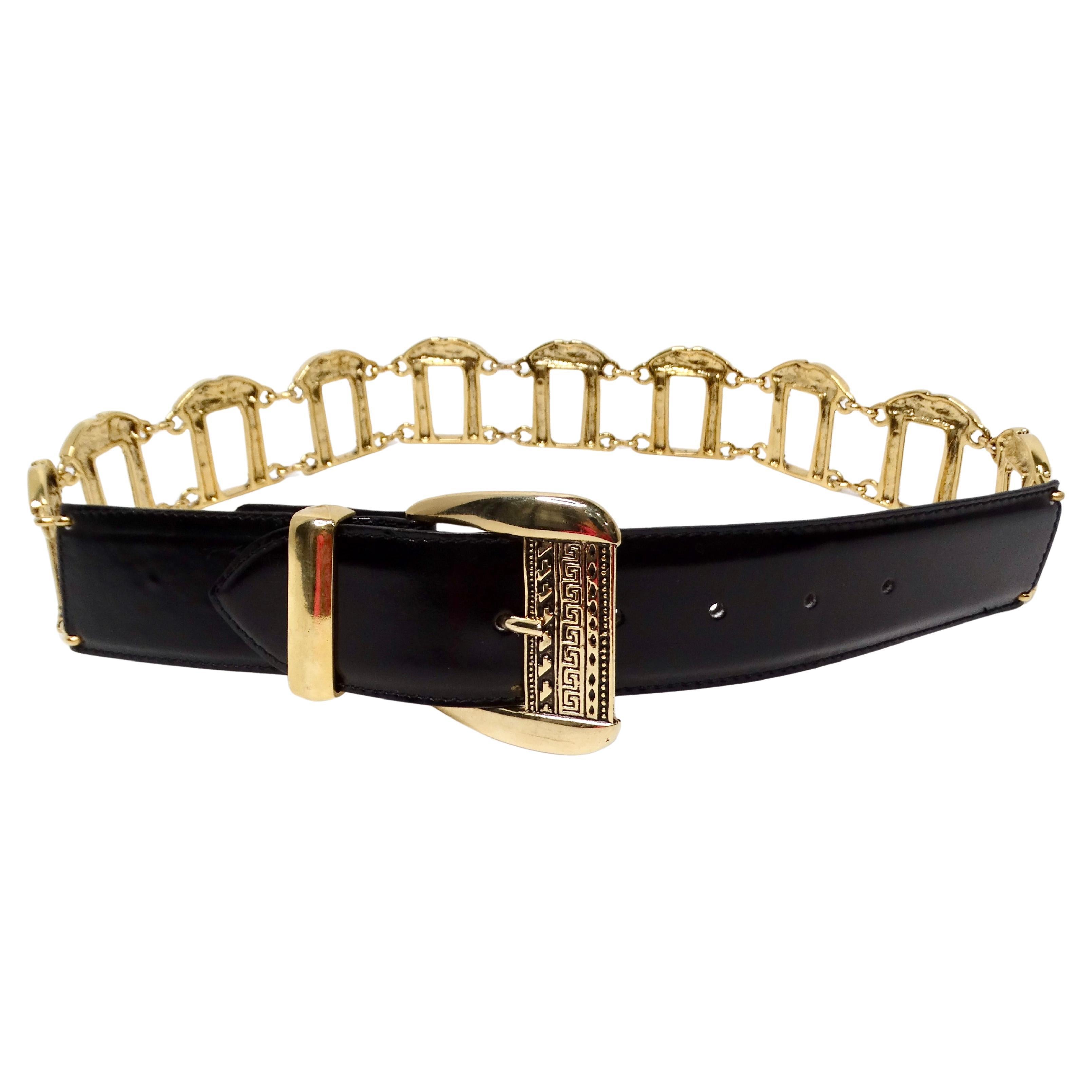 Vintage Black Leather & Gold Tone Roman Column Motif Belt