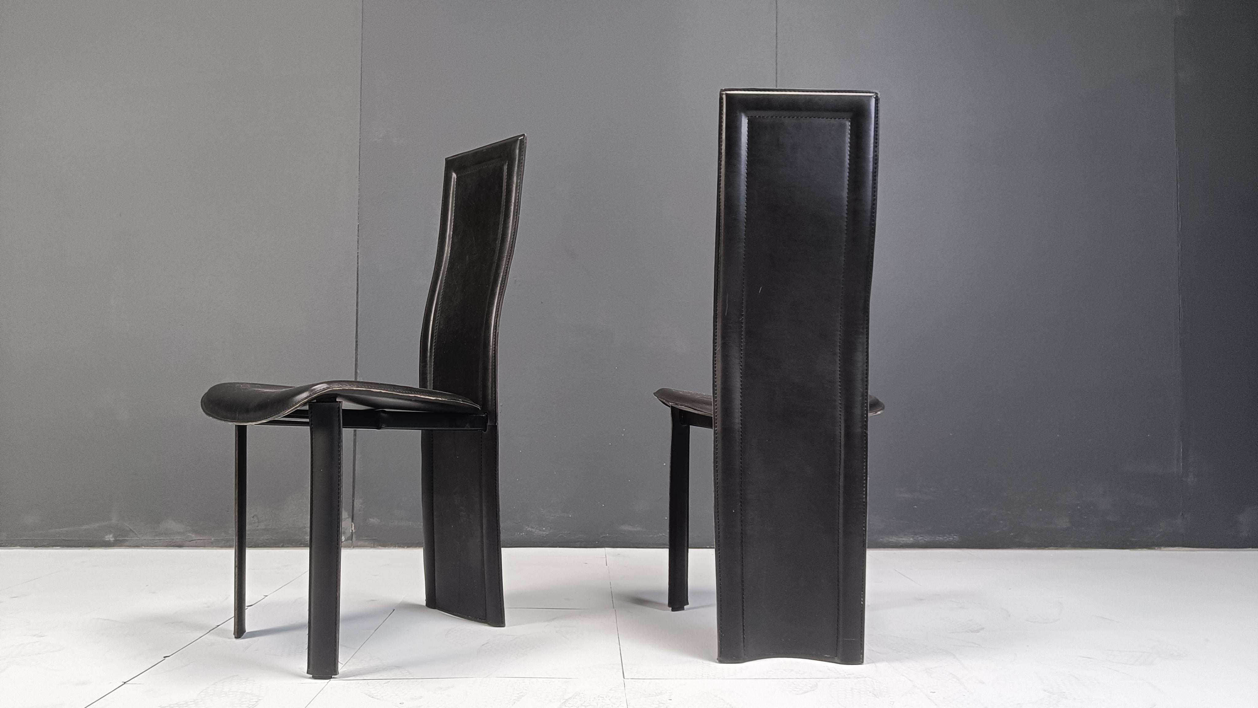 Vintage black leather high back dining chairs, set of 6, 1980s For Sale 3