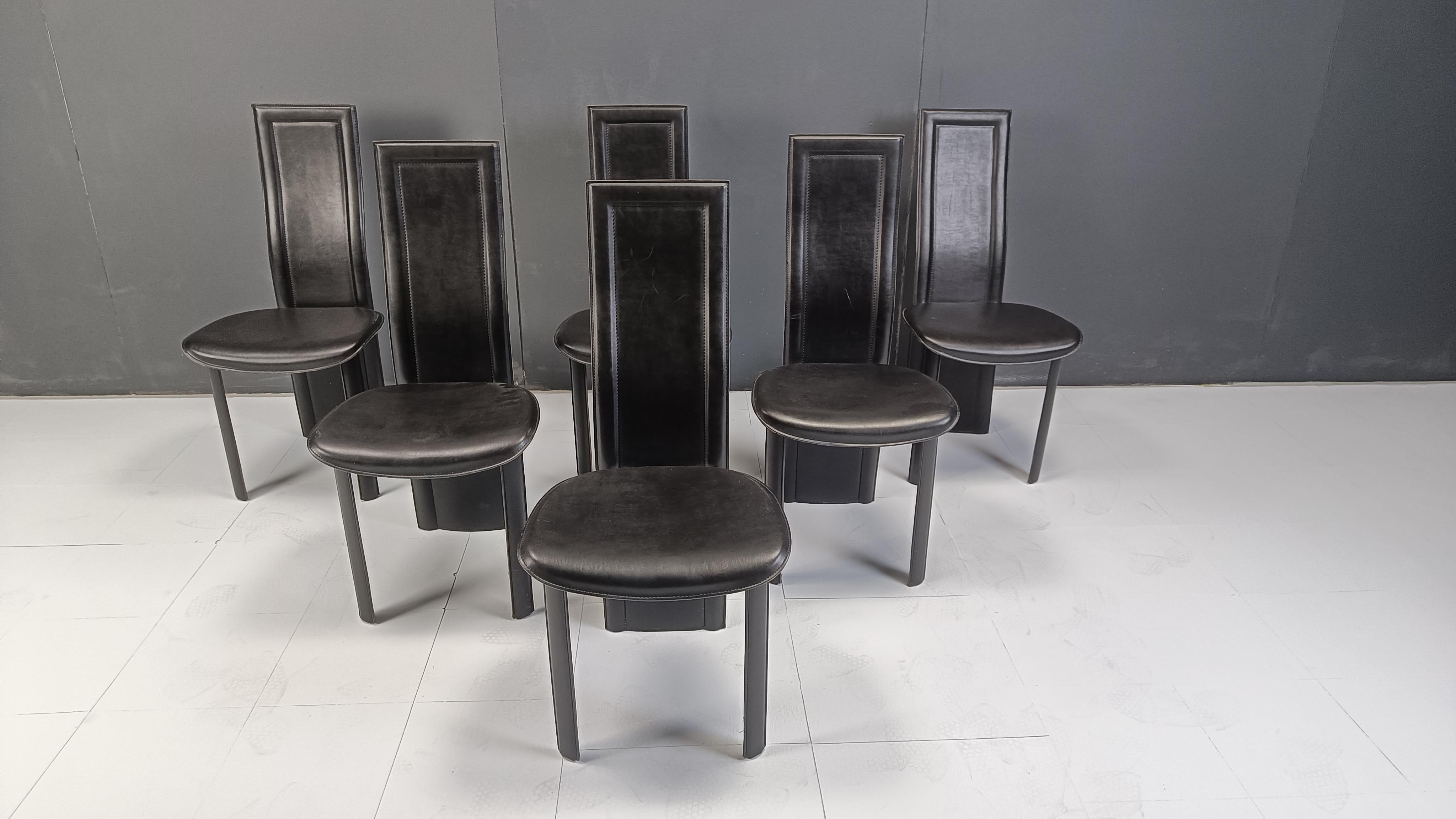 Post-Modern Vintage black leather high back dining chairs, set of 6, 1980s For Sale