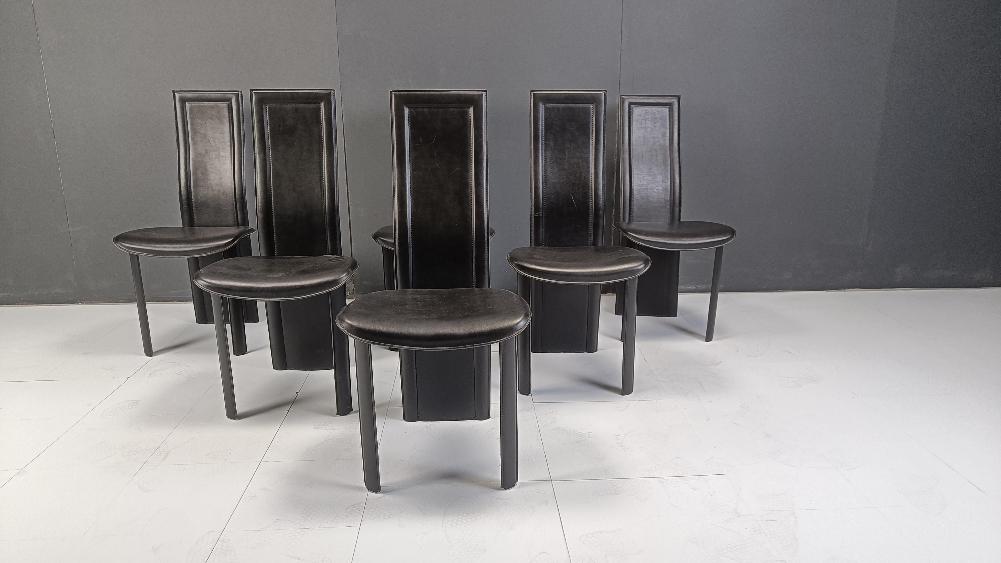 Italian Vintage black leather high back dining chairs, set of 6, 1980s For Sale
