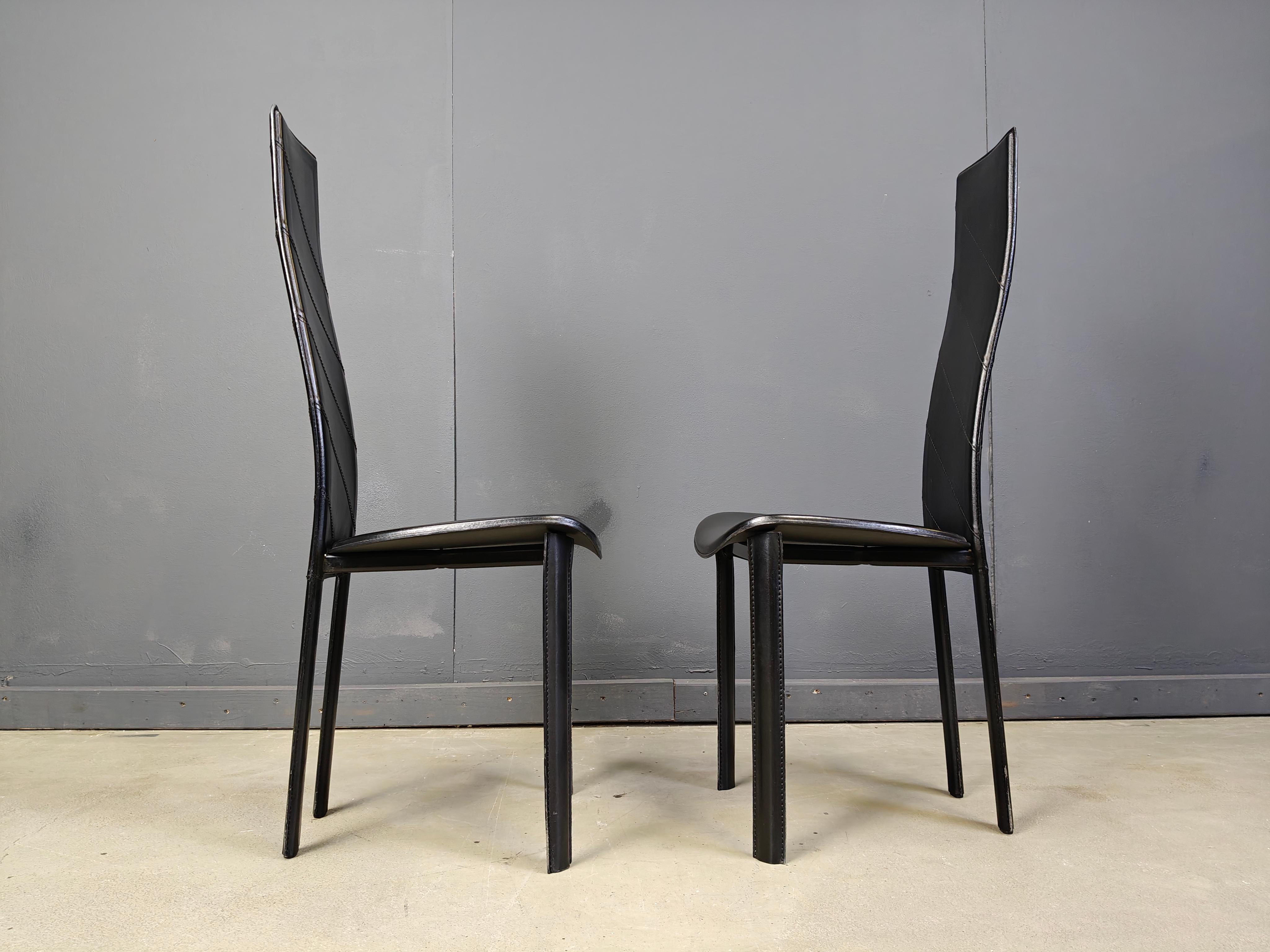 Italian Vintage black leather high back dining chairs, set of 6, 1980s For Sale