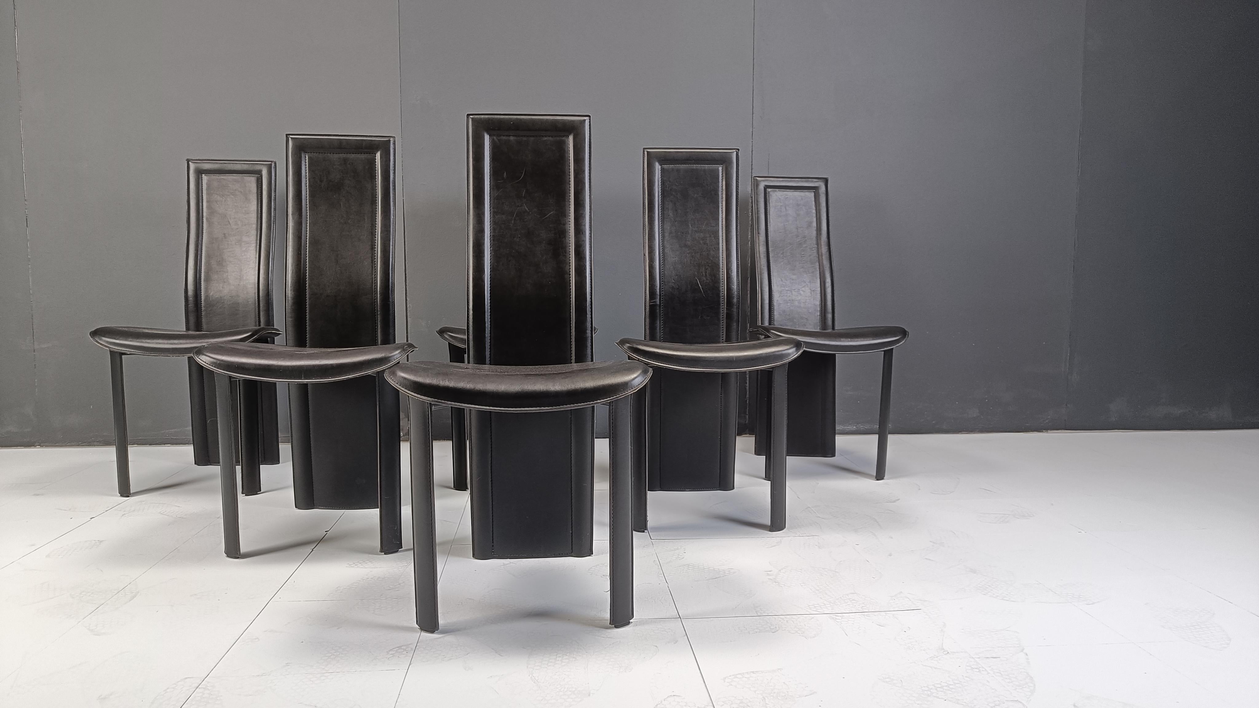 Vintage black leather high back dining chairs, set of 6, 1980s In Good Condition For Sale In Leuven, Vlaams Gewest