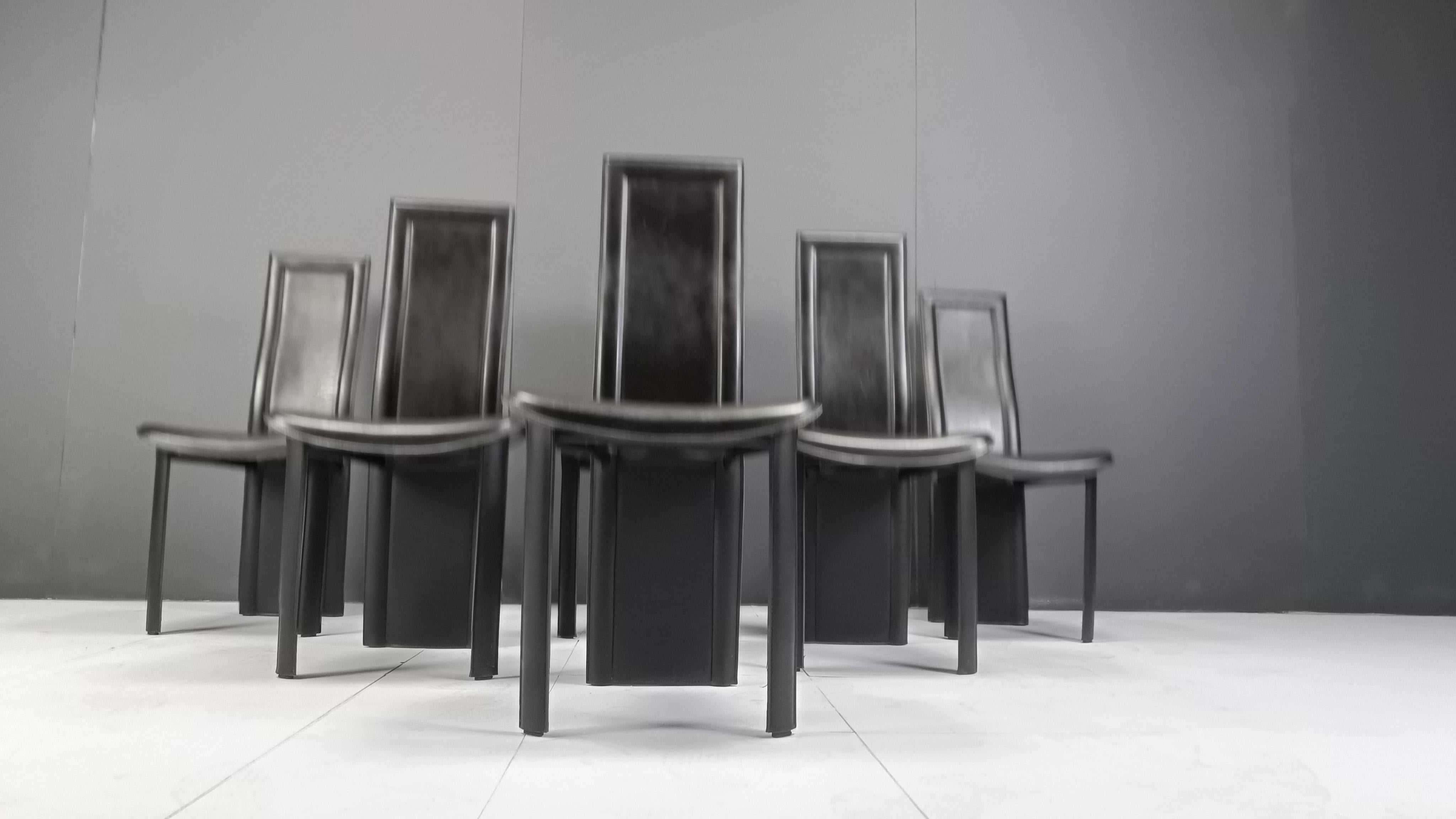 Late 20th Century Vintage black leather high back dining chairs, set of 6, 1980s For Sale