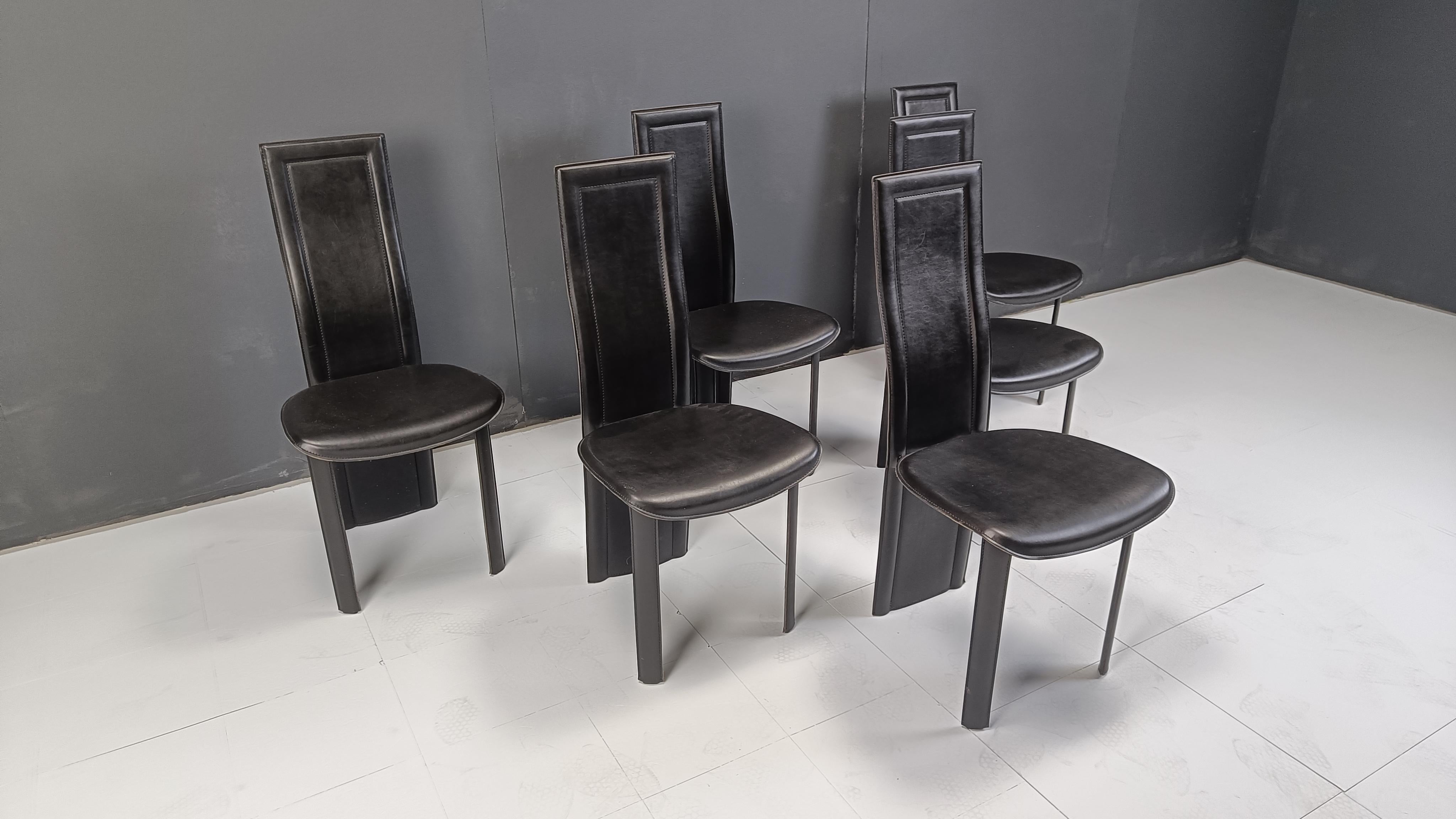 Leather Vintage black leather high back dining chairs, set of 6, 1980s For Sale