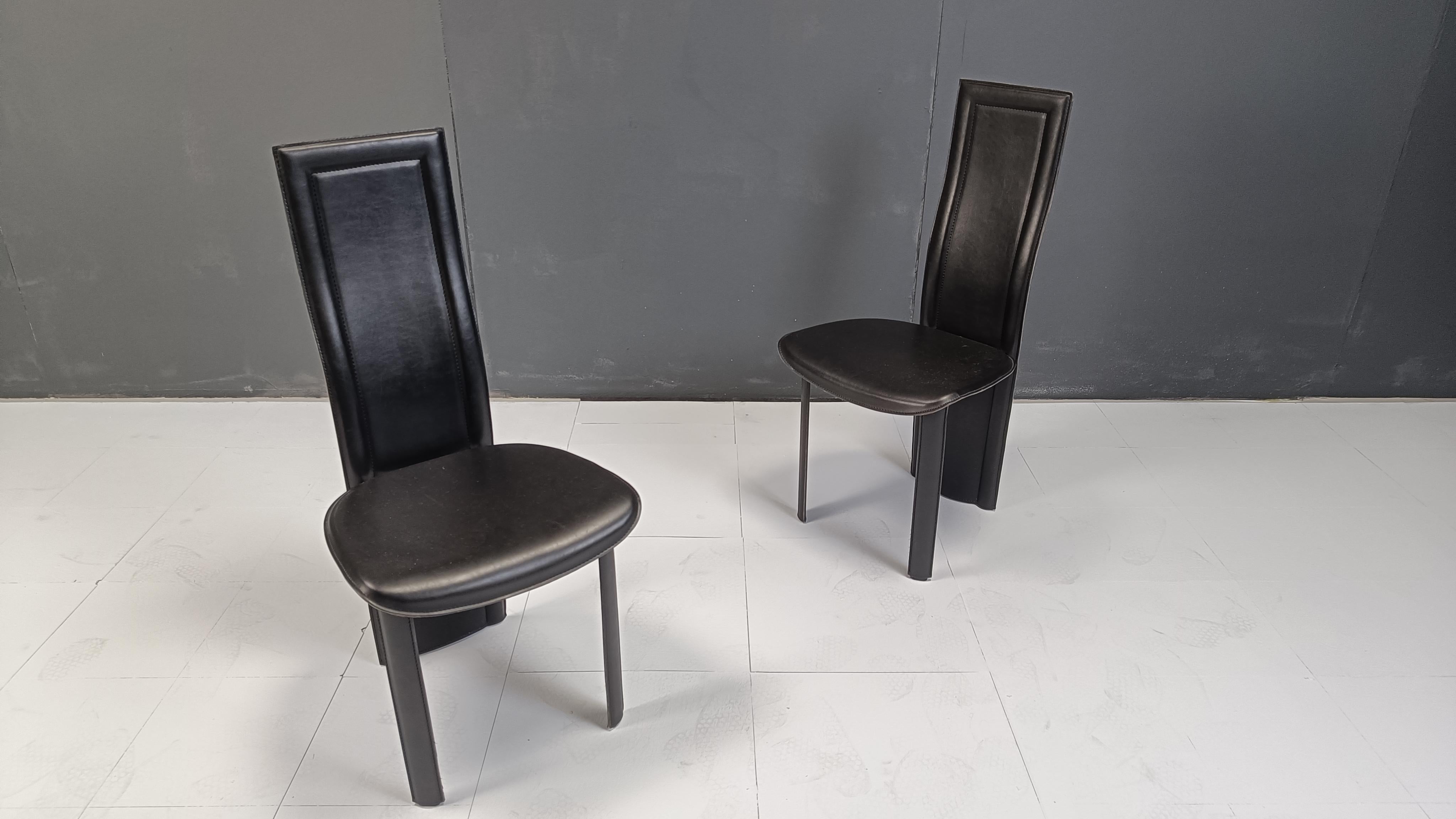 Vintage black leather high back dining chairs, set of 6, 1980s For Sale 1