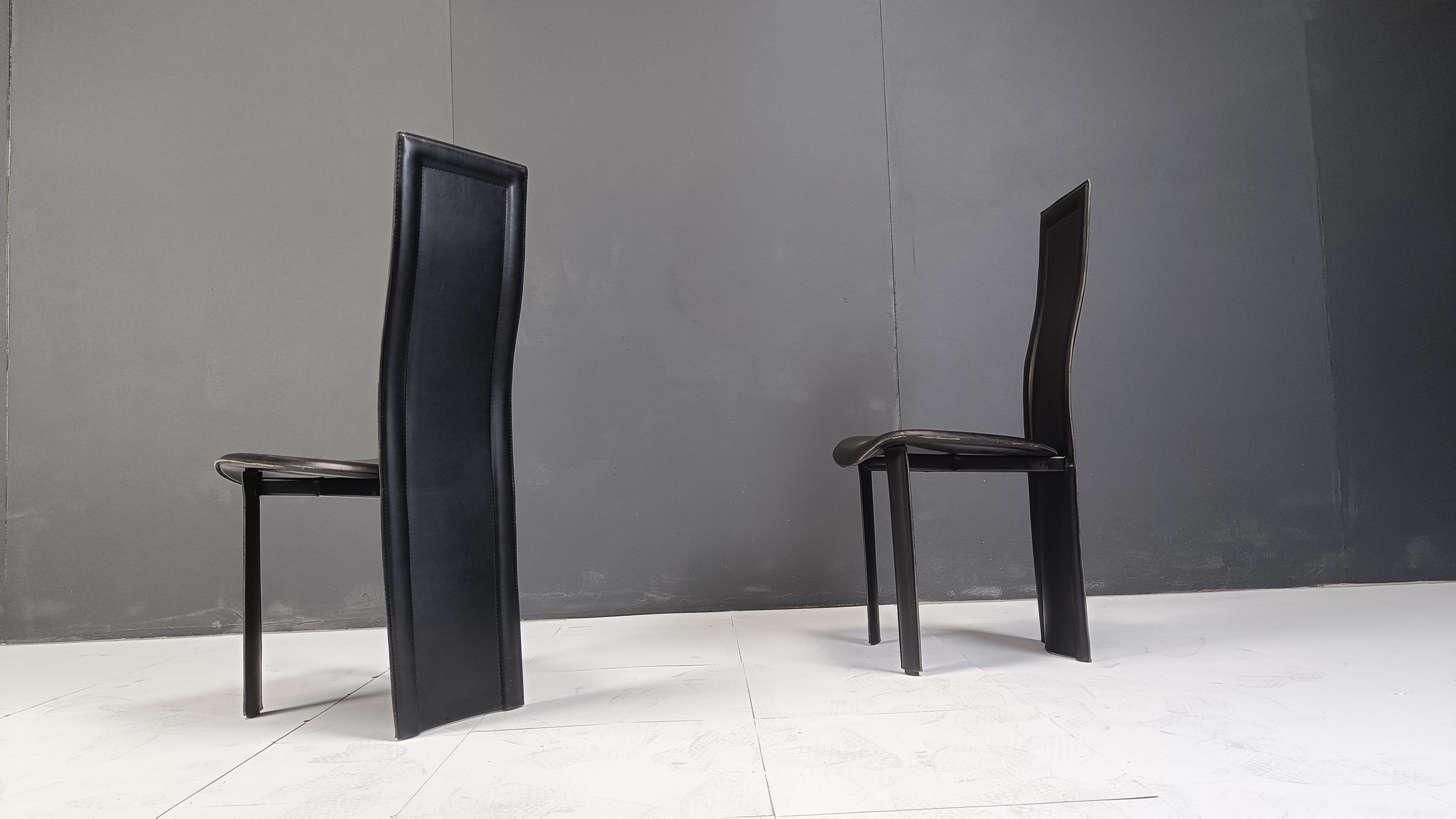 Vintage black leather high back dining chairs, set of 6, 1980s For Sale 2