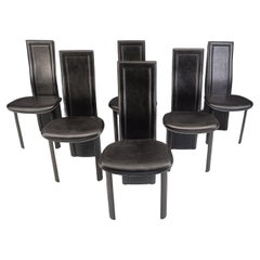 Vintage black leather high back dining chairs, set of 6, 1980s