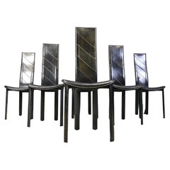 Vintage black leather high back dining chairs, set of 6, 1980s