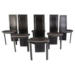 Vintage black leather high back dining chairs, set of 6, 1980s