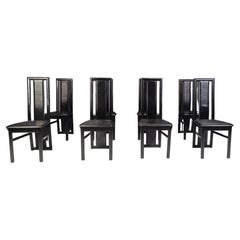 Vintage black leather high back dining chairs, set of 8, 1980s