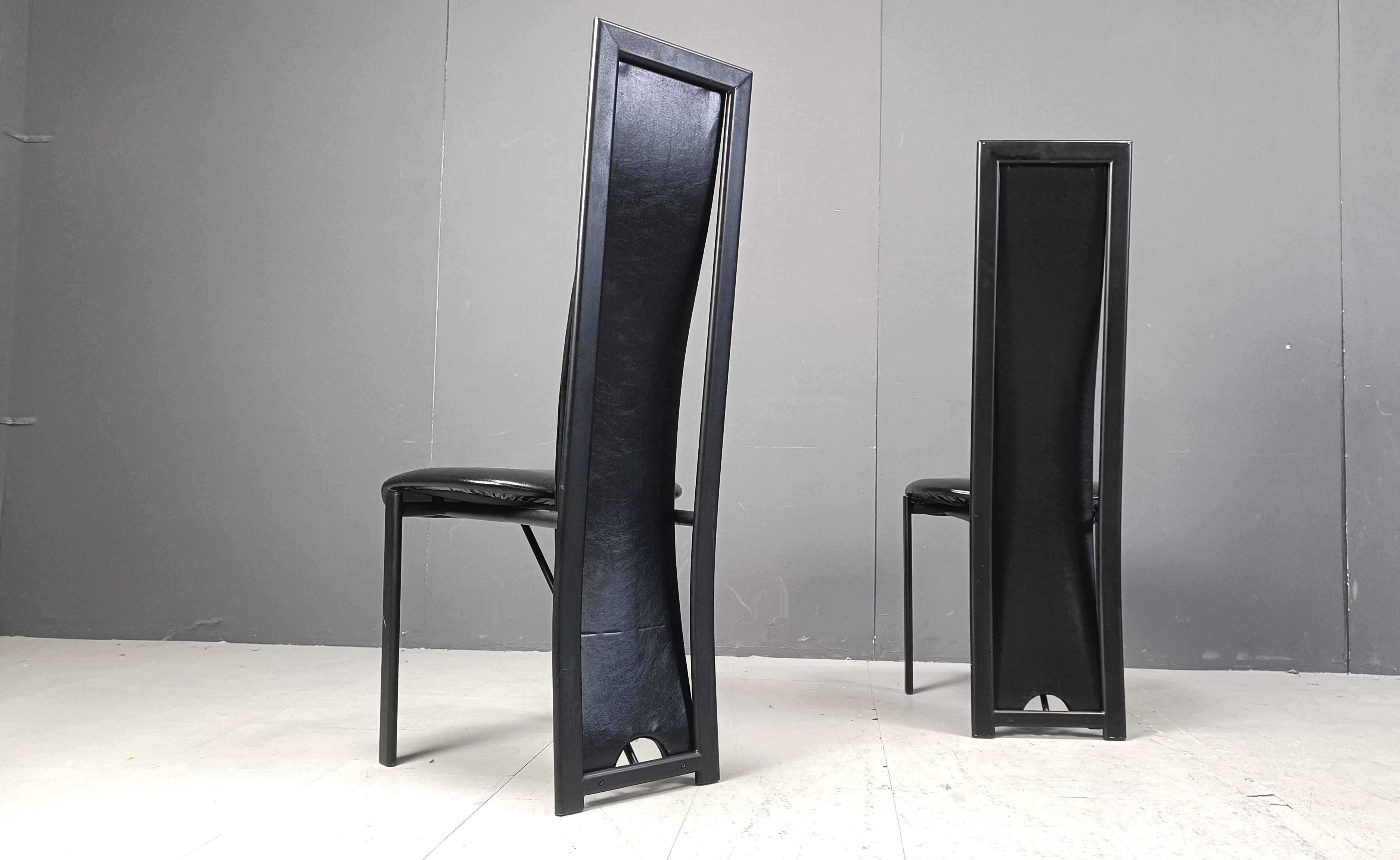 Vintage black leather high bacl dining chairs, set of 6, 1980s For Sale 3
