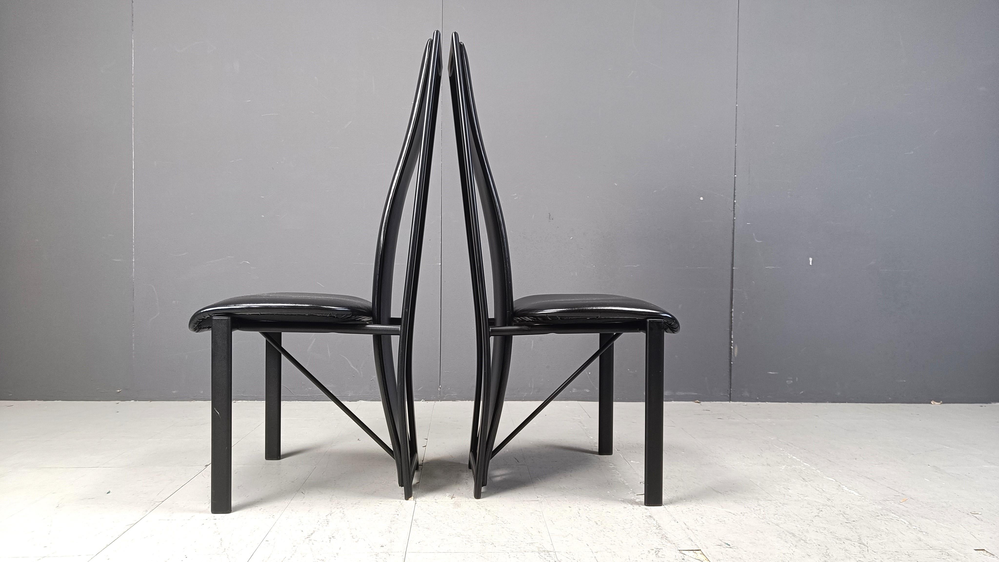 Vintage black leather high bacl dining chairs, set of 6, 1980s For Sale 4