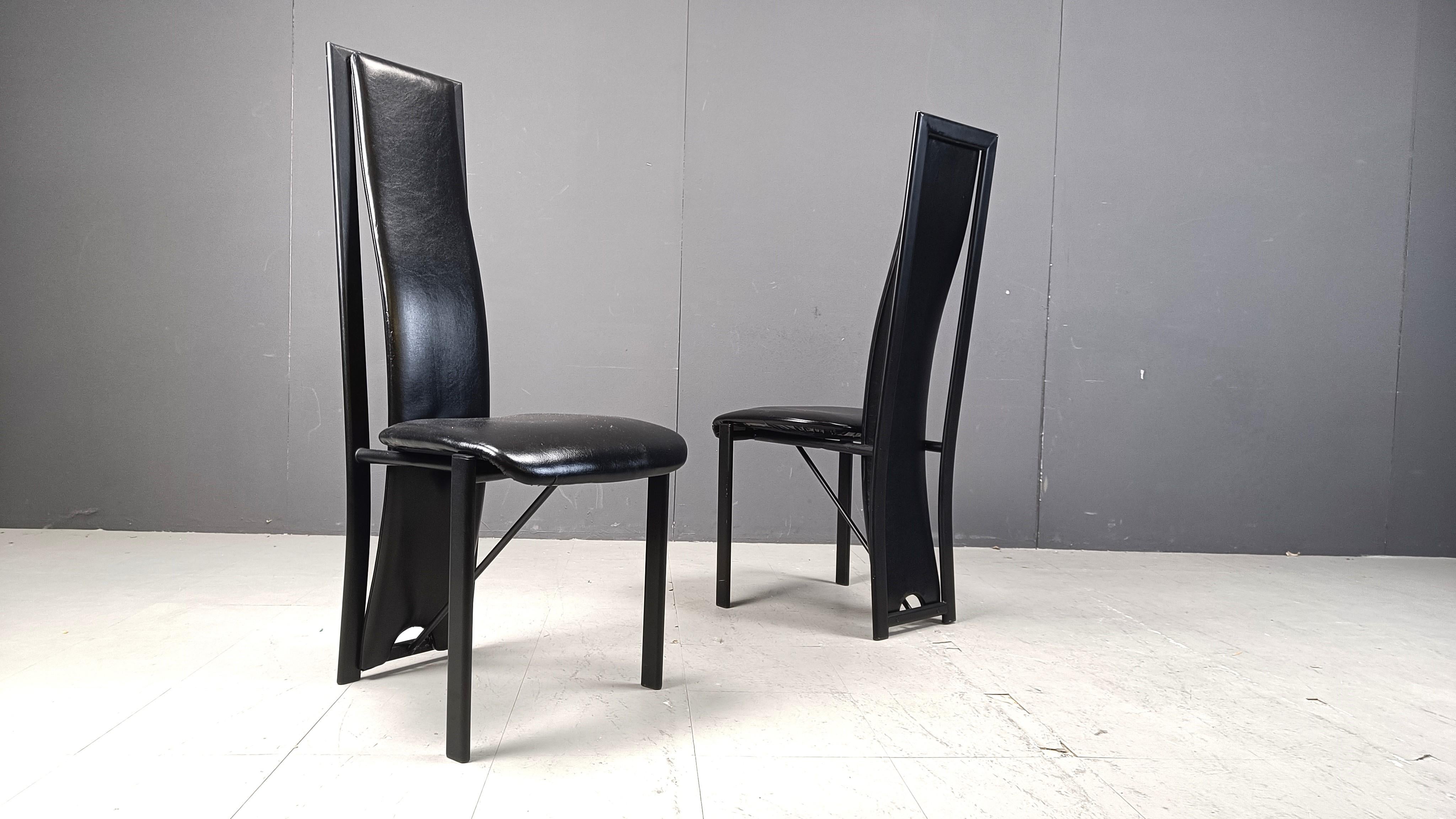 Vintage black leather high bacl dining chairs, set of 6, 1980s For Sale 5
