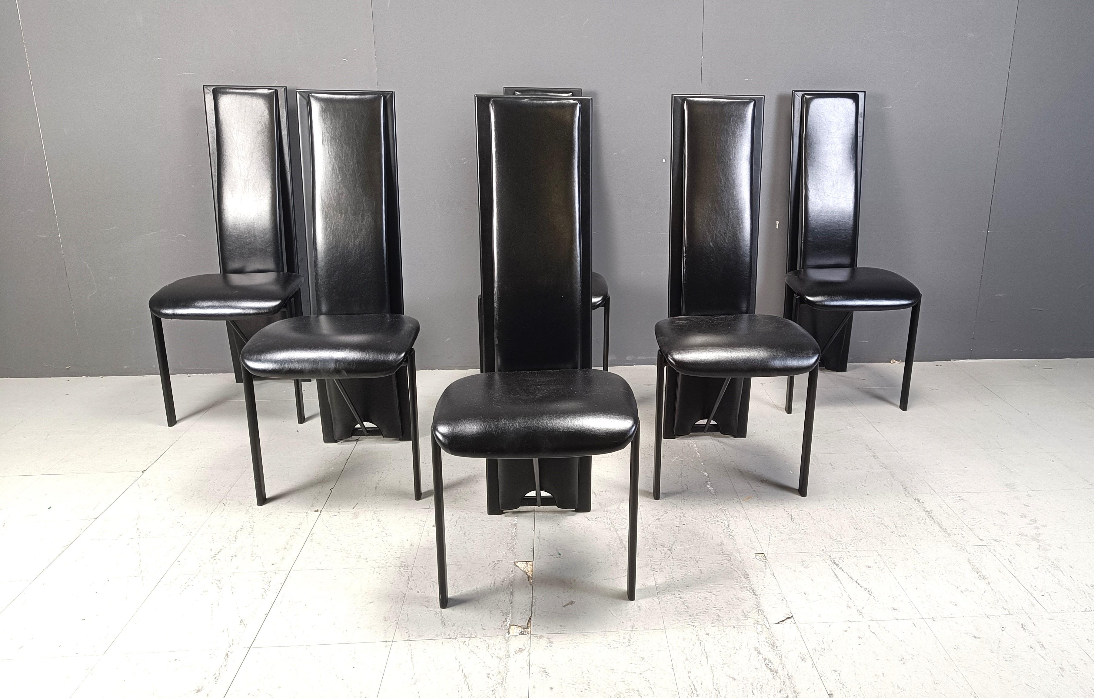 Post-Modern Vintage black leather high bacl dining chairs, set of 6, 1980s For Sale