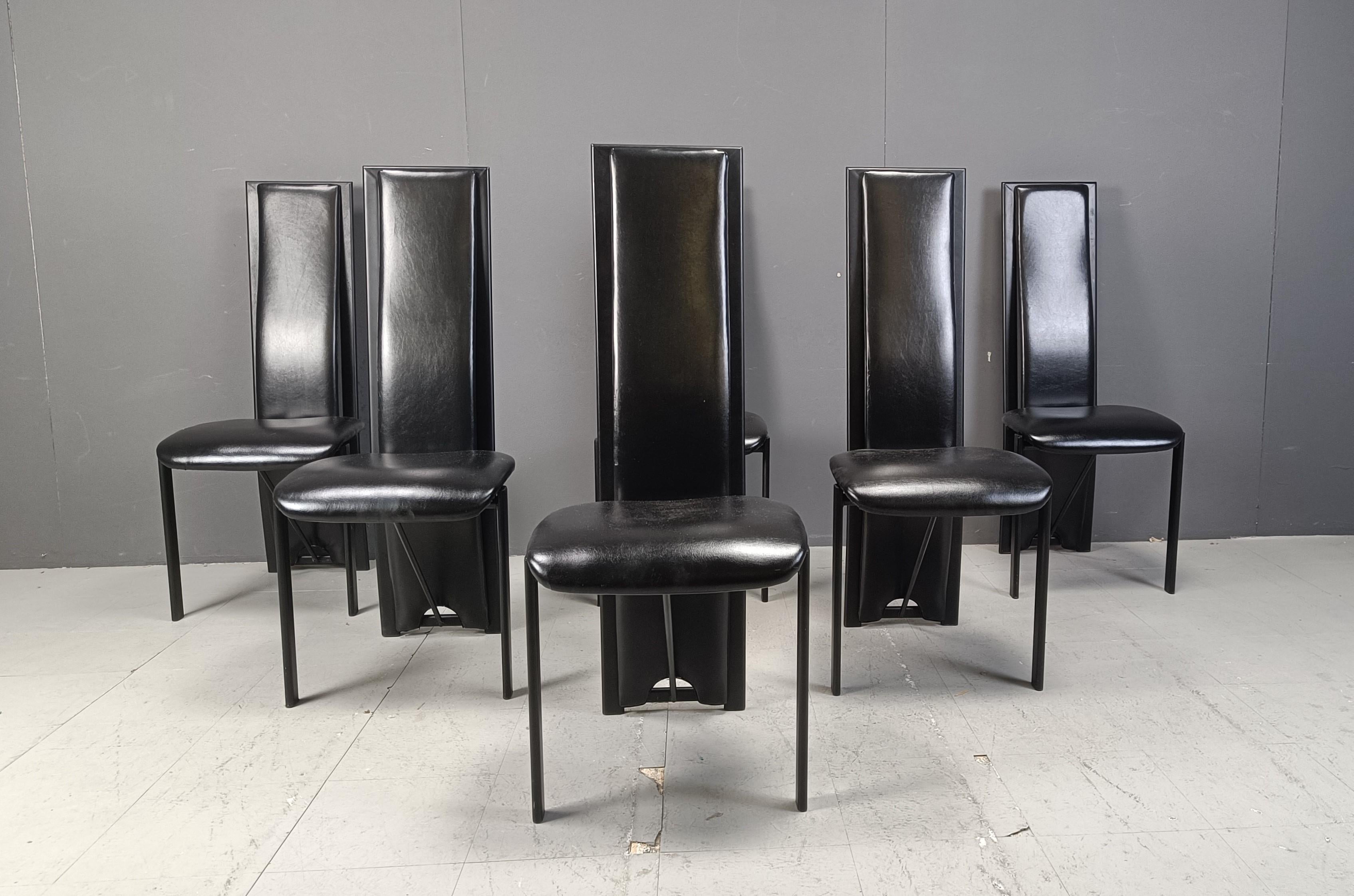 Italian Vintage black leather high bacl dining chairs, set of 6, 1980s For Sale