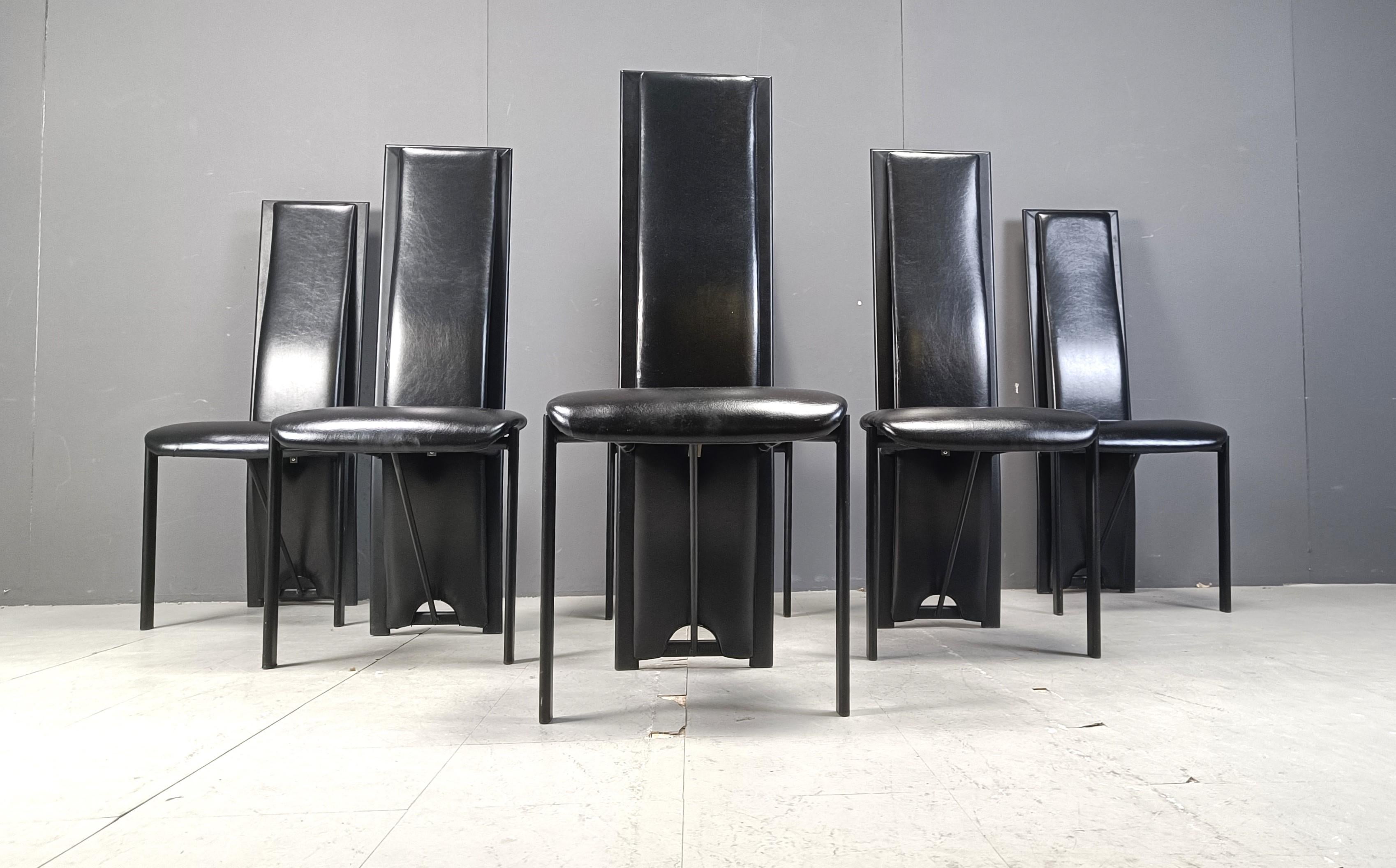 Vintage black leather high bacl dining chairs, set of 6, 1980s In Good Condition For Sale In Leuven, Vlaams Gewest