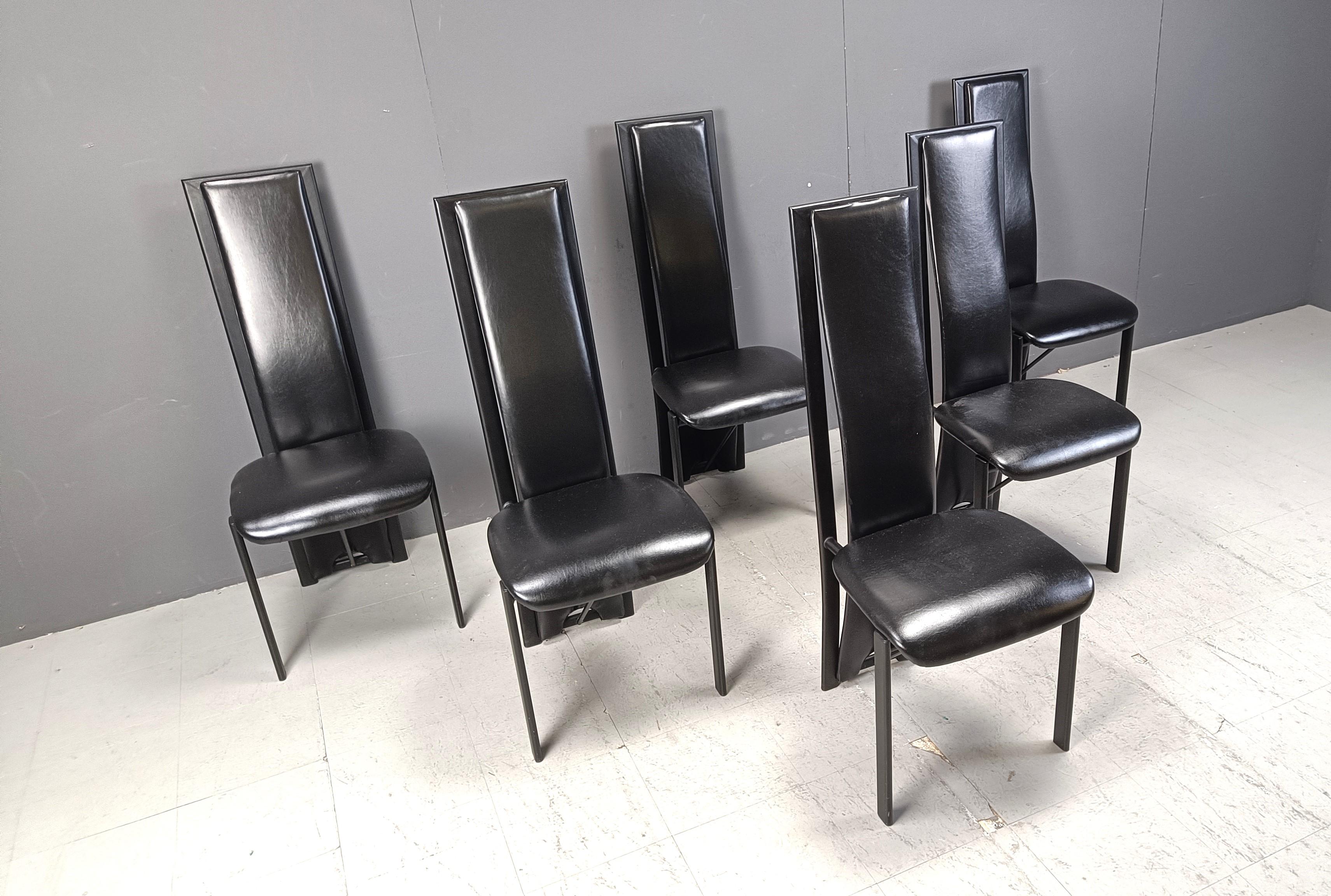 Late 20th Century Vintage black leather high bacl dining chairs, set of 6, 1980s For Sale