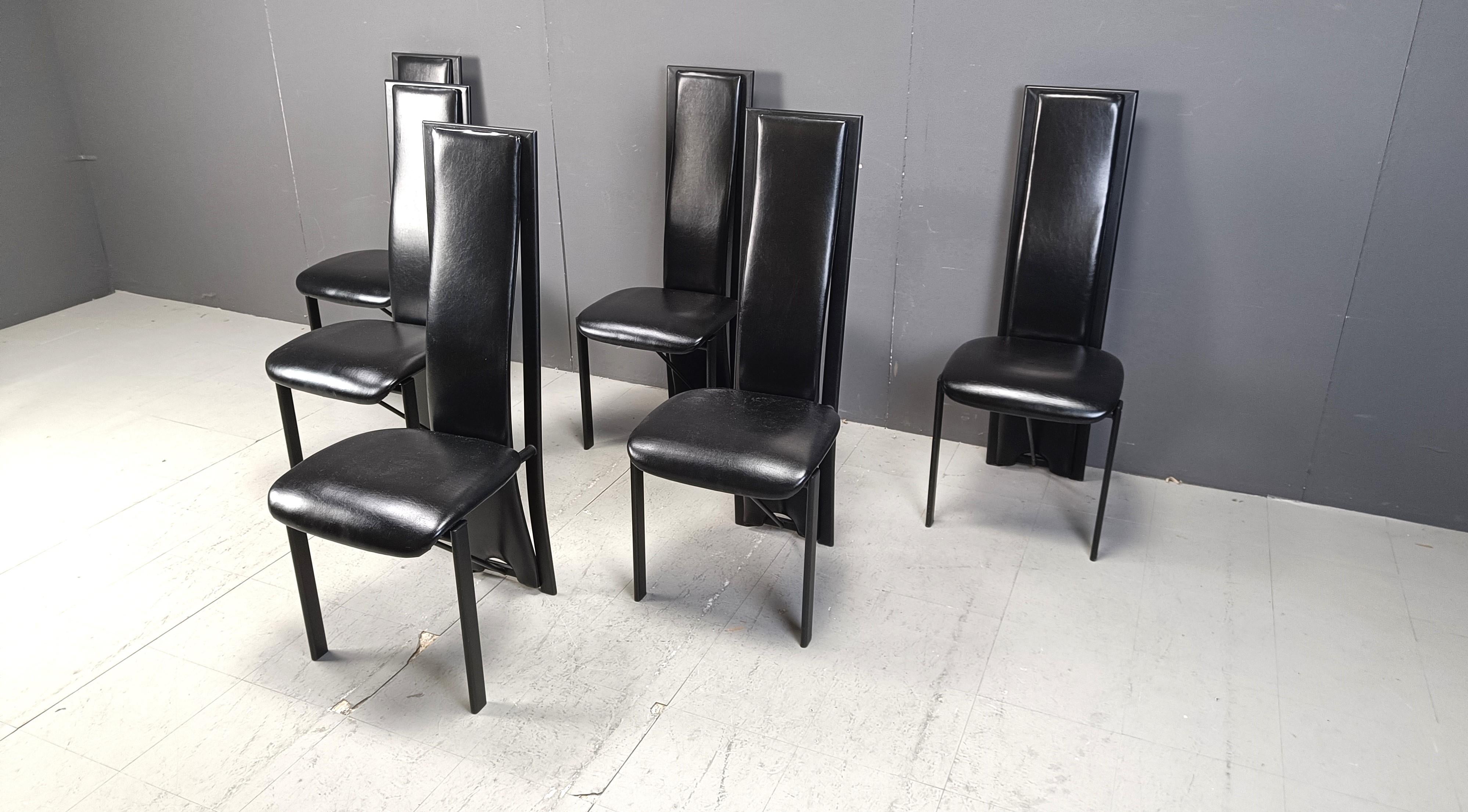 Metal Vintage black leather high bacl dining chairs, set of 6, 1980s For Sale