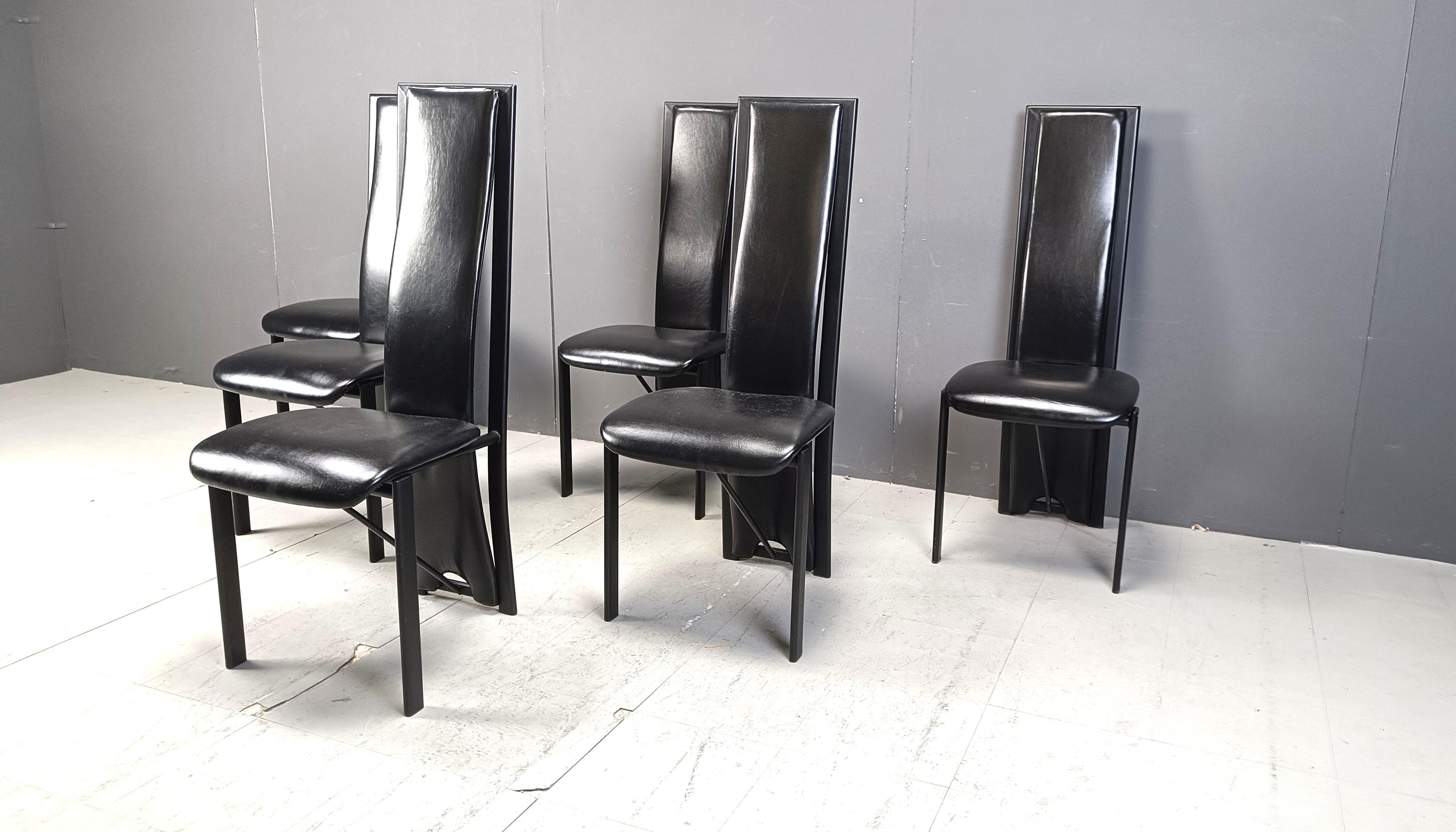 Vintage black leather high bacl dining chairs, set of 6, 1980s For Sale 1