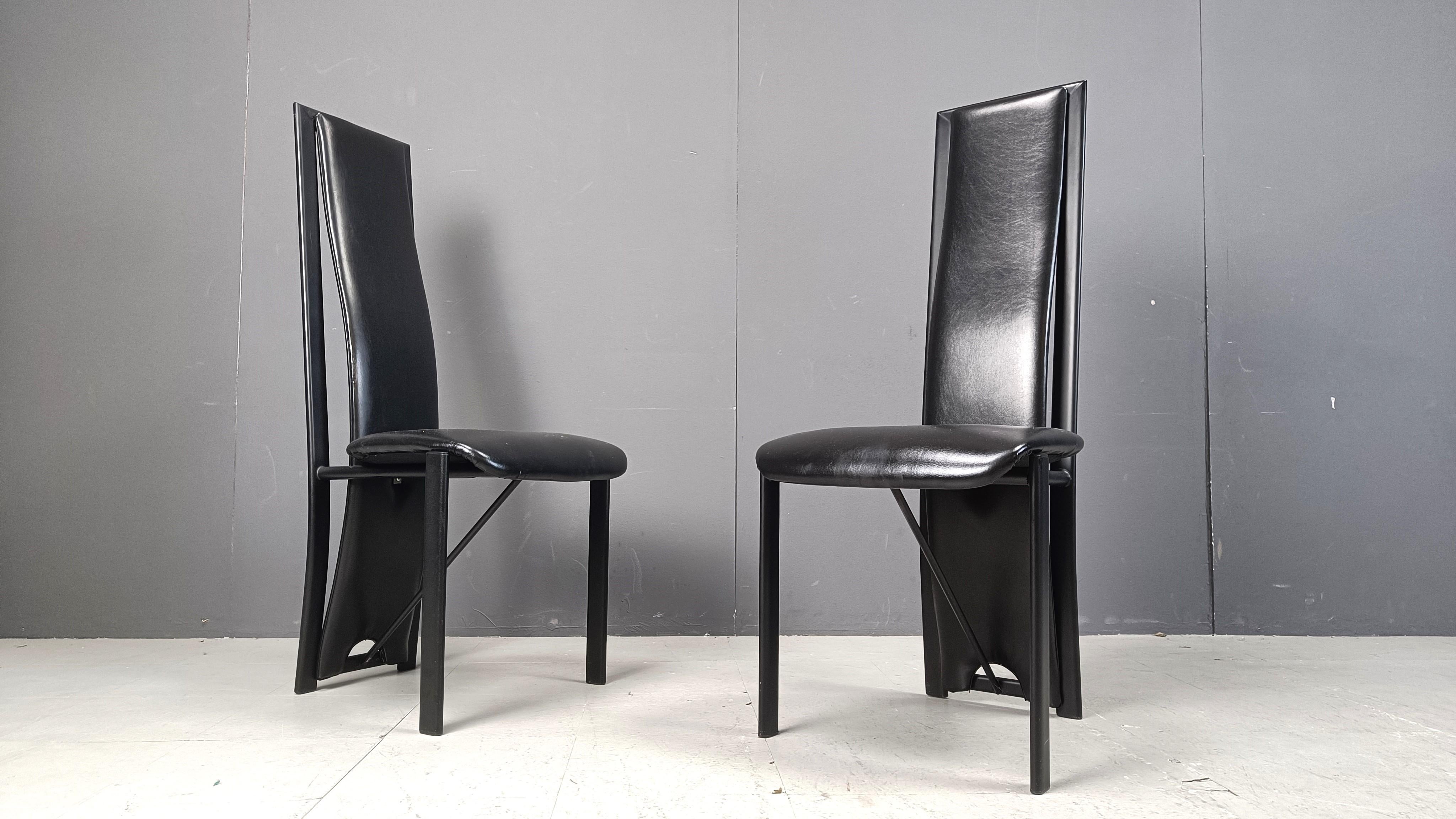 Vintage black leather high bacl dining chairs, set of 6, 1980s For Sale 2