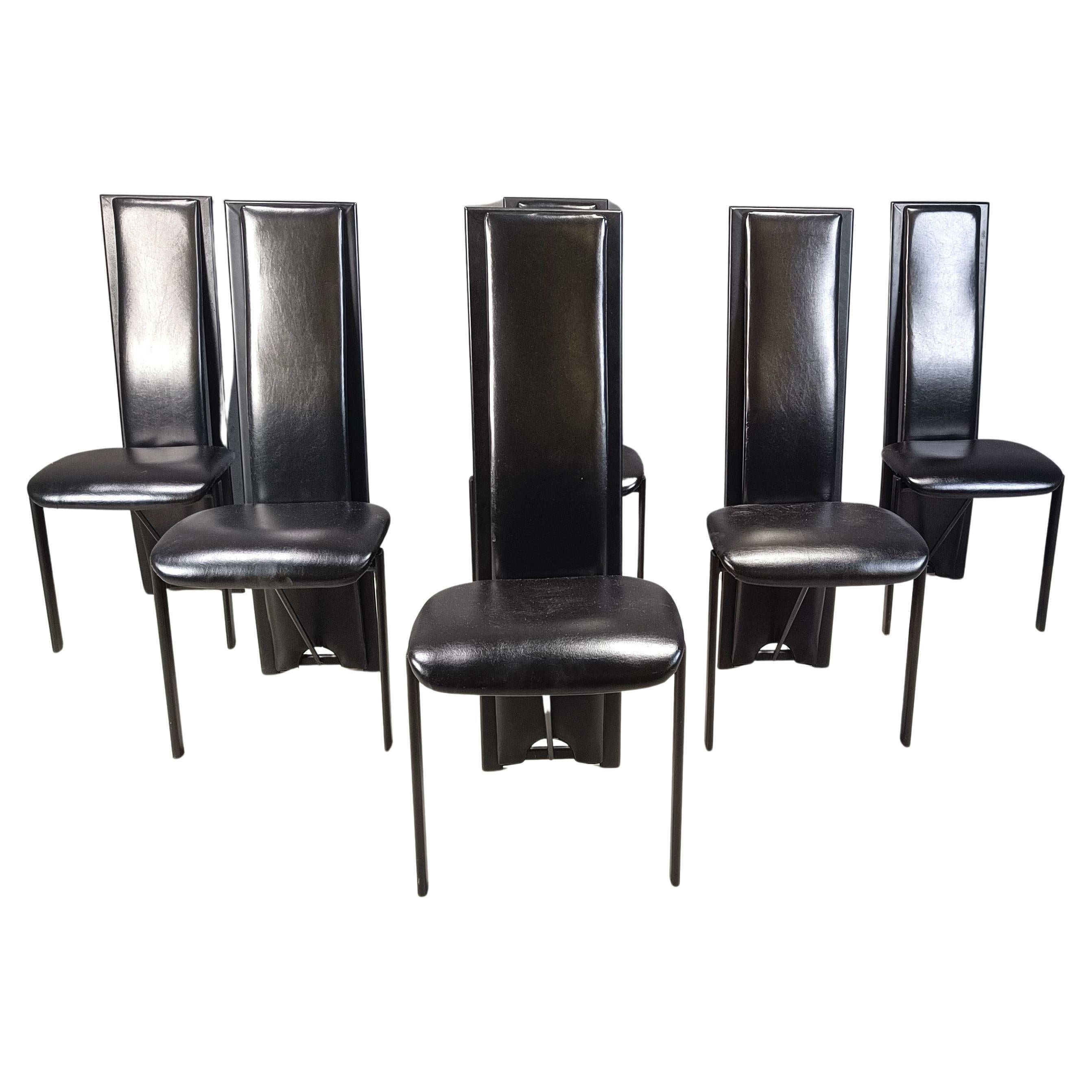 Vintage black leather high bacl dining chairs, set of 6, 1980s