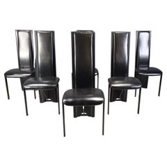 Chaises de salle à manger vintage en cuir noir à haut dossier, ensemble de 6, années 1980