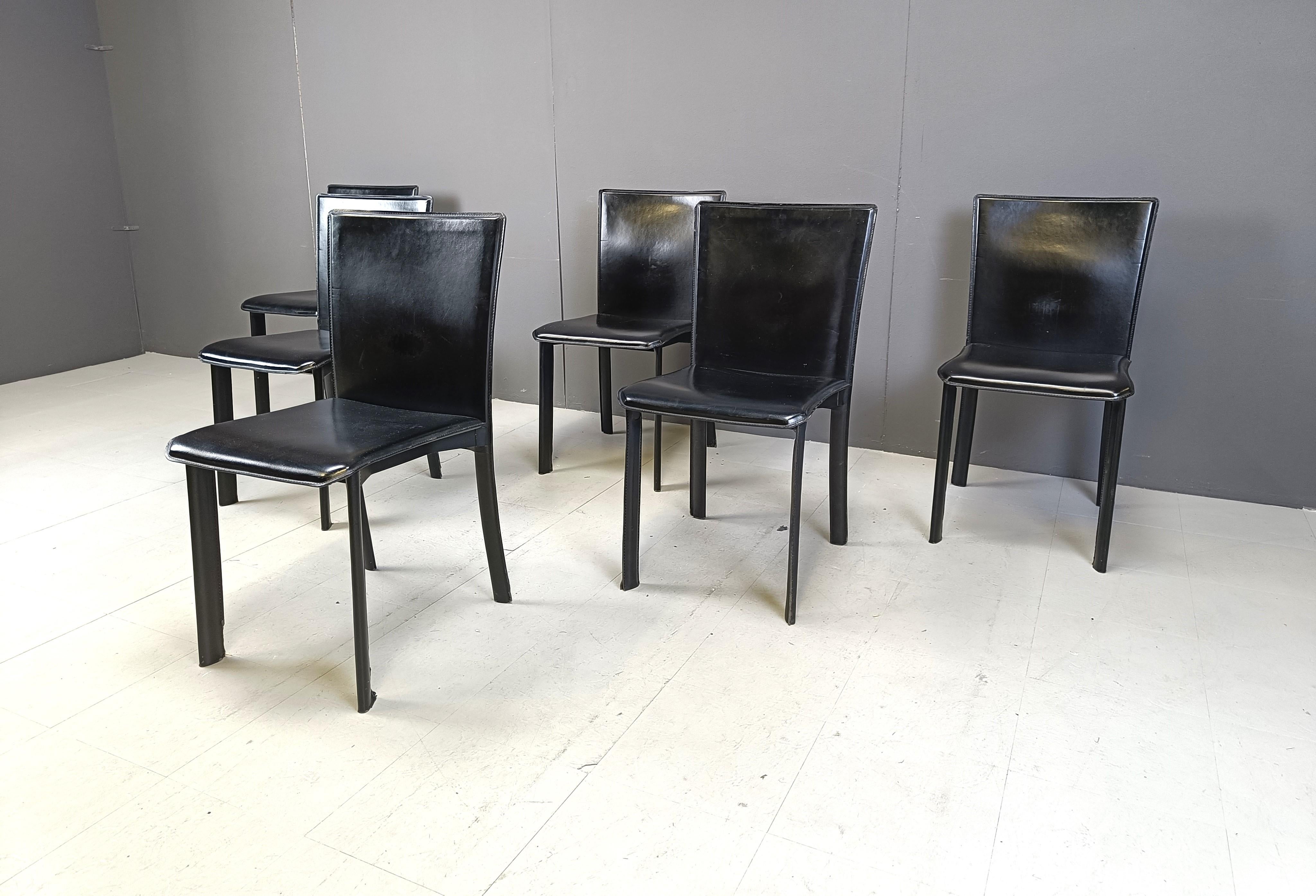 Vintage black leather italian dining chairs, 1980s In Good Condition In Leuven, Vlaams Gewest