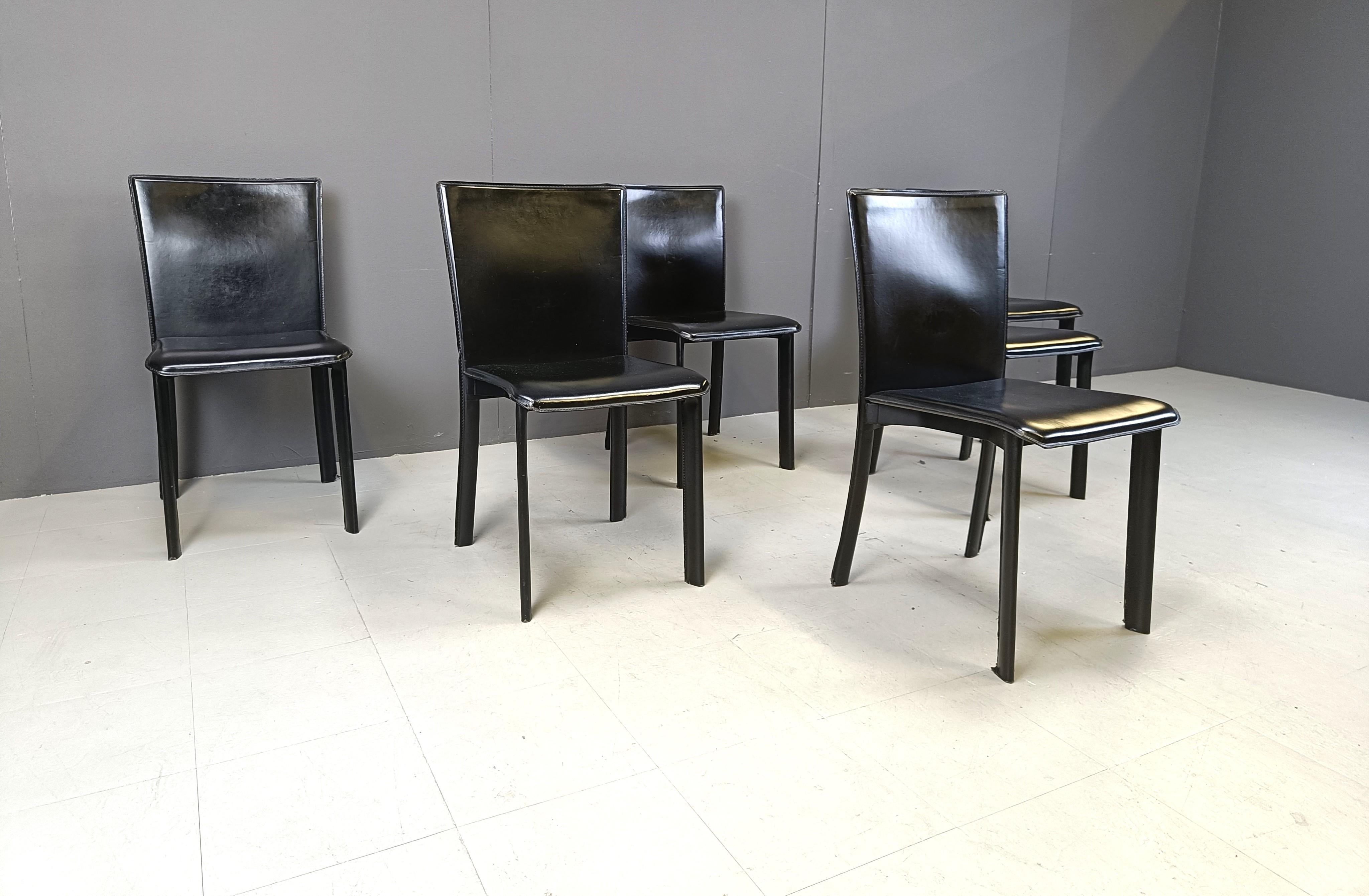 Late 20th Century Vintage black leather italian dining chairs, 1980s